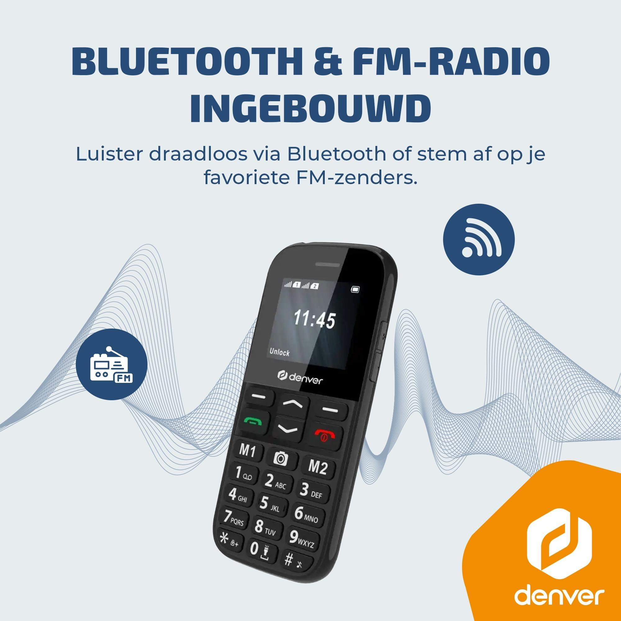 Een zwarte Denver telefoon met Bluetooth en FM radio iconen en golvende lijnen.