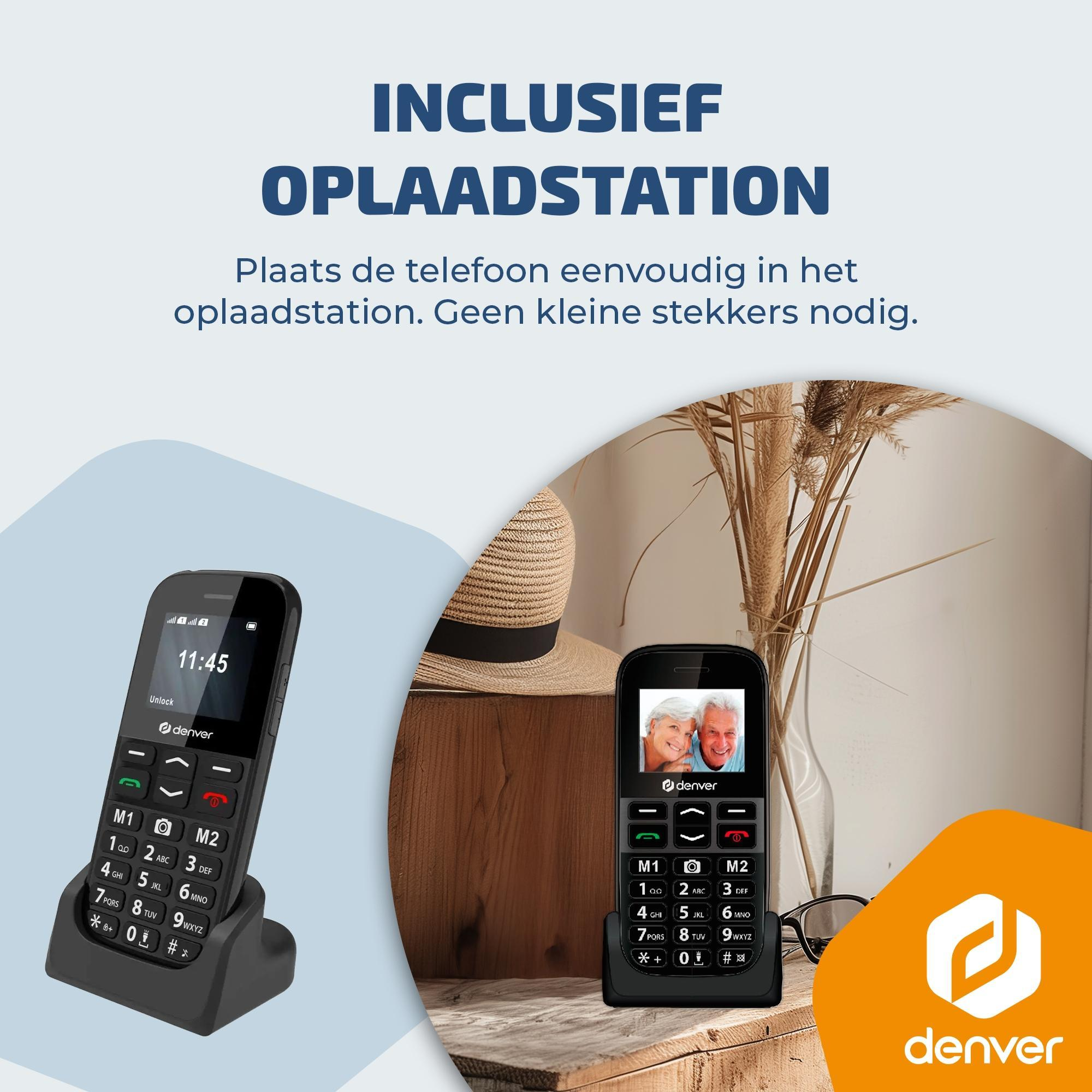 Twee Denver telefoons, één in een oplaadstation, met tekst.