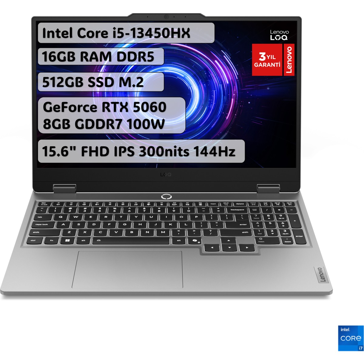 Gümüş Lenovo LOQ dizüstü bilgisayar özellikleri: i5-13450HX, 16GB DDR5, 512GB SSD, RTX 5060.