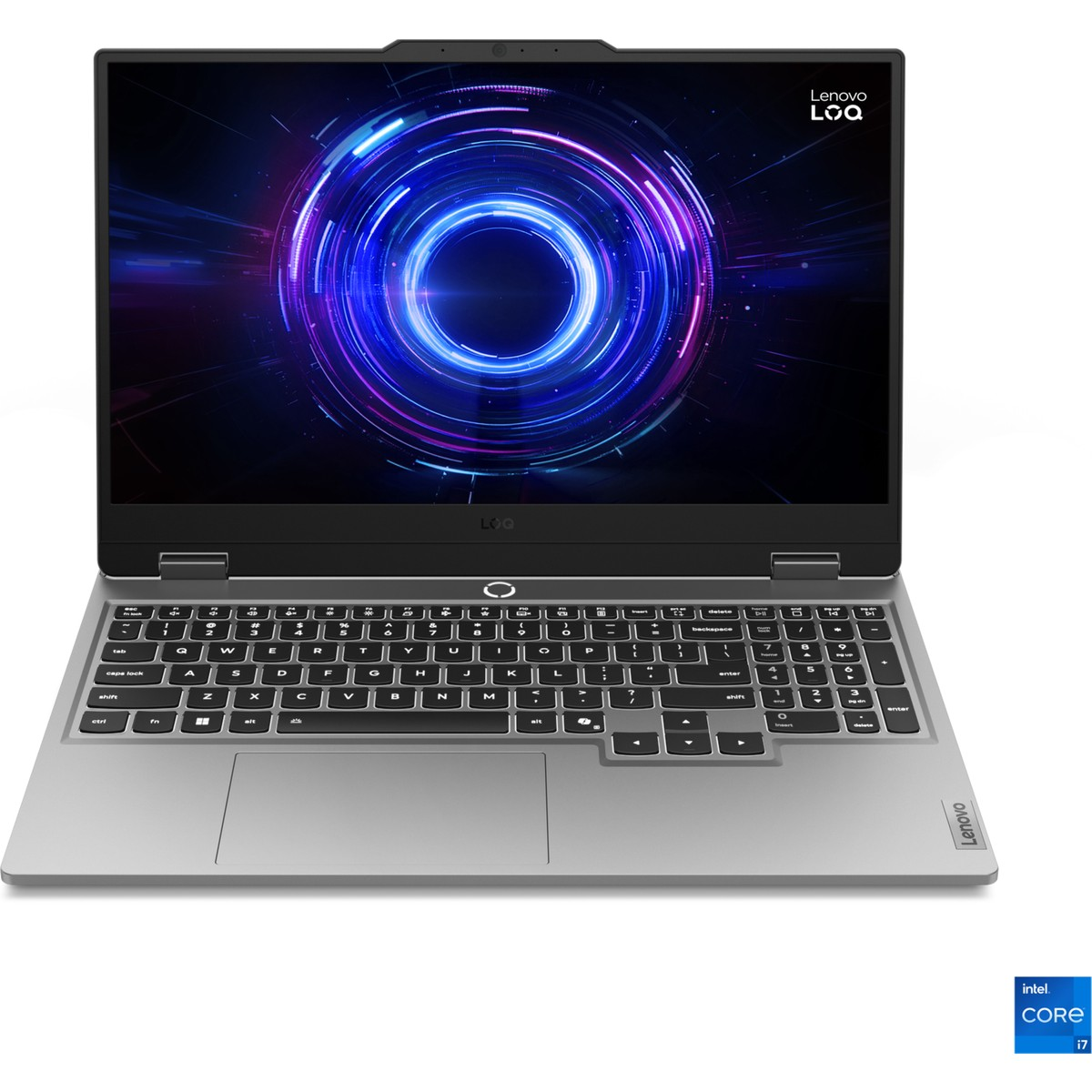 Ekranında aydınlatmalı dairesel grafik bulunan gümüş renkli Lenovo LOQ dizüstü bilgisayar. Intel Core i7 logosu.