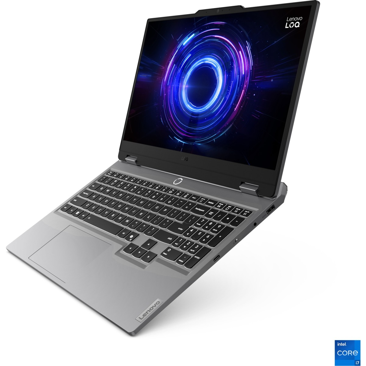 Ekranında parlak dairesel duvar kağıdı olan gri bir Lenovo LOQ dizüstü bilgisayar.