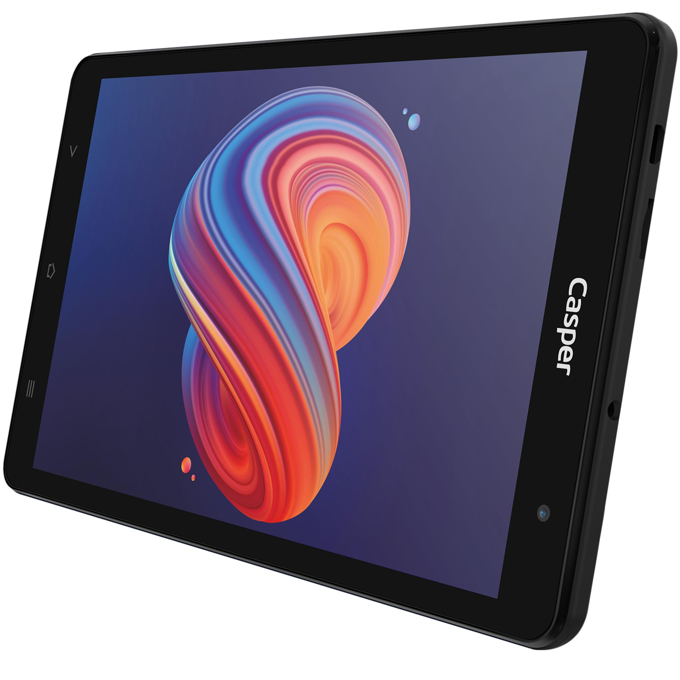 Ekranında renkli soyut grafik bulunan siyah tablet.