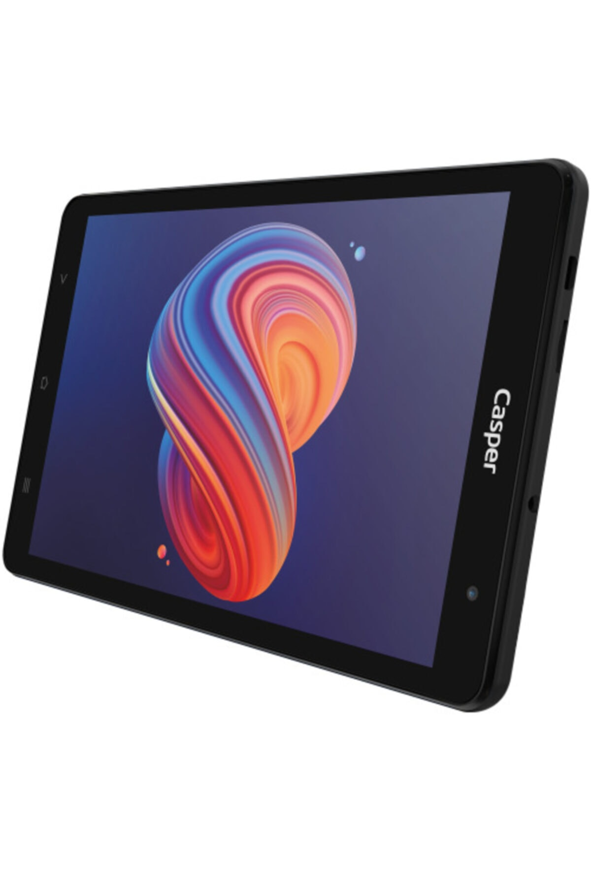 Renkli, girdaplı bir arka plan görüntüsü gösteren siyah bir Casper tablet.