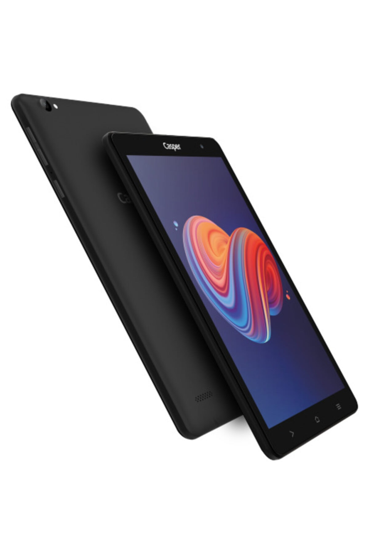Beyaz arka plan üzerinde renkli ekranlı iki siyah tablet.