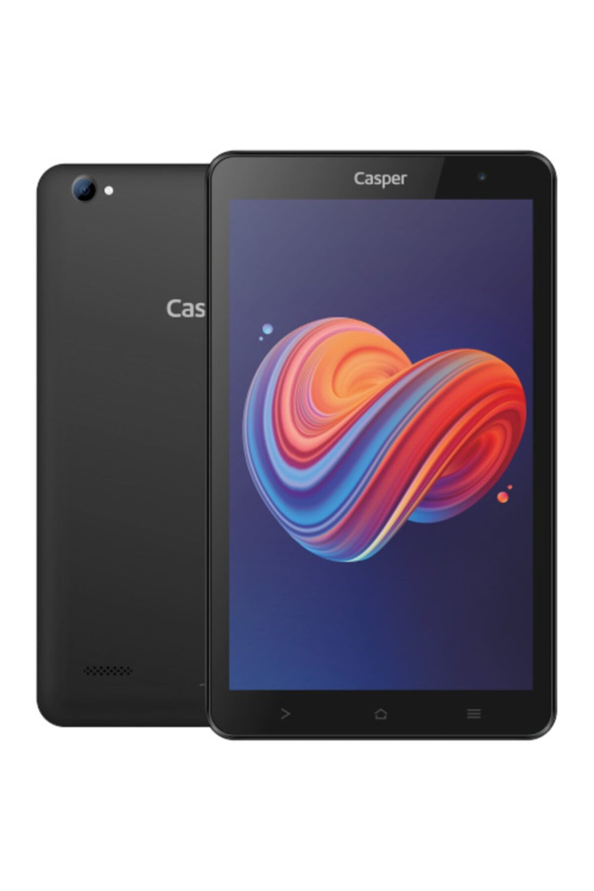 Ekranında renkli kalp şeklinde desen bulunan siyah bir tablet.