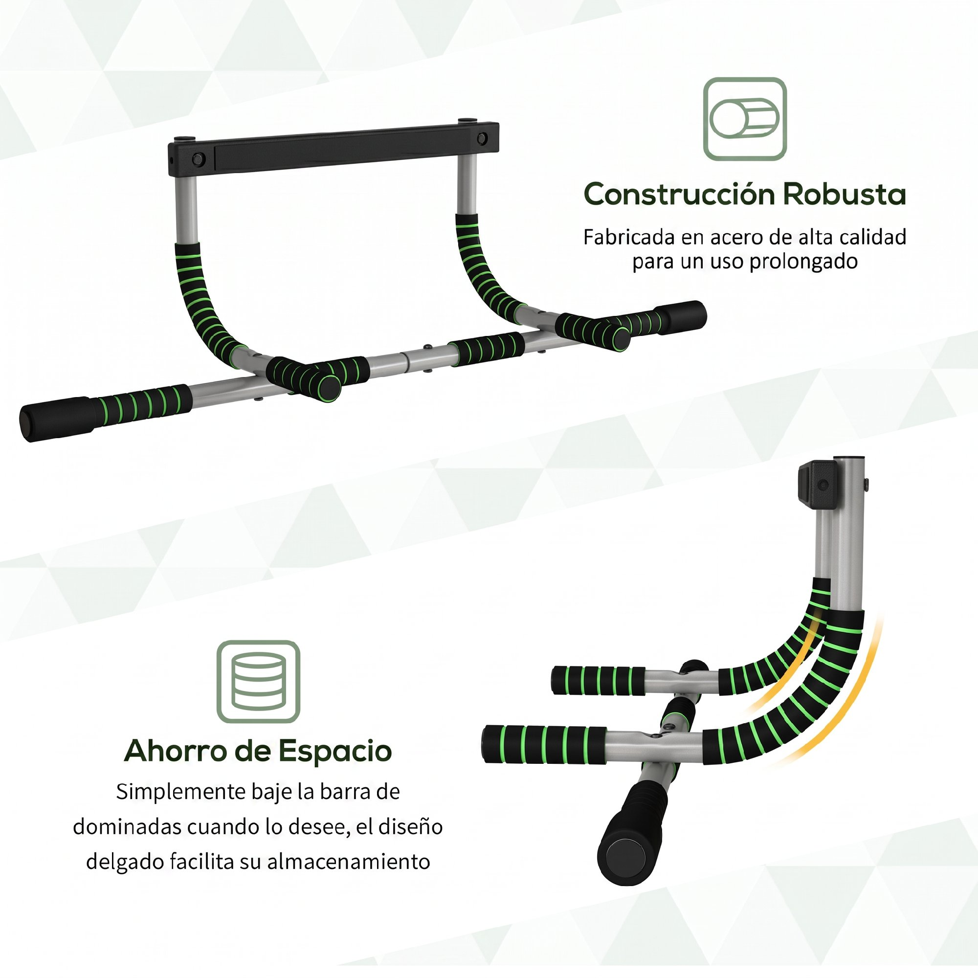 Una barra de dominadas plateada con agarres negros y verdes, robusta y ahorra espacio.