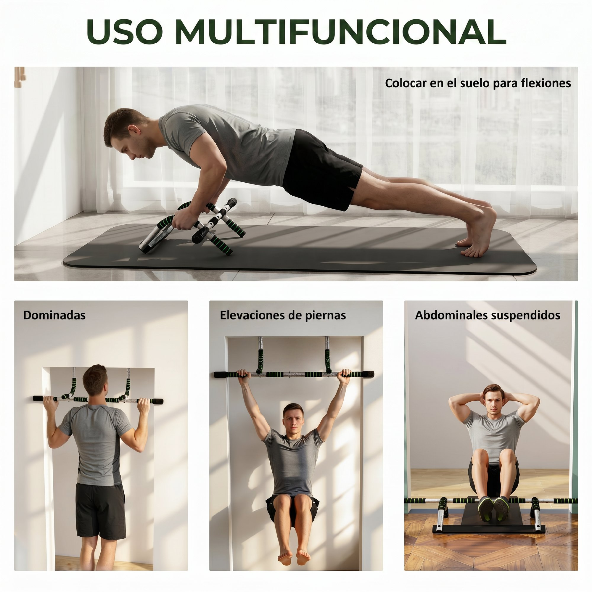 Hombre hace flexiones, dominadas y abdominales con equipo de fitness.