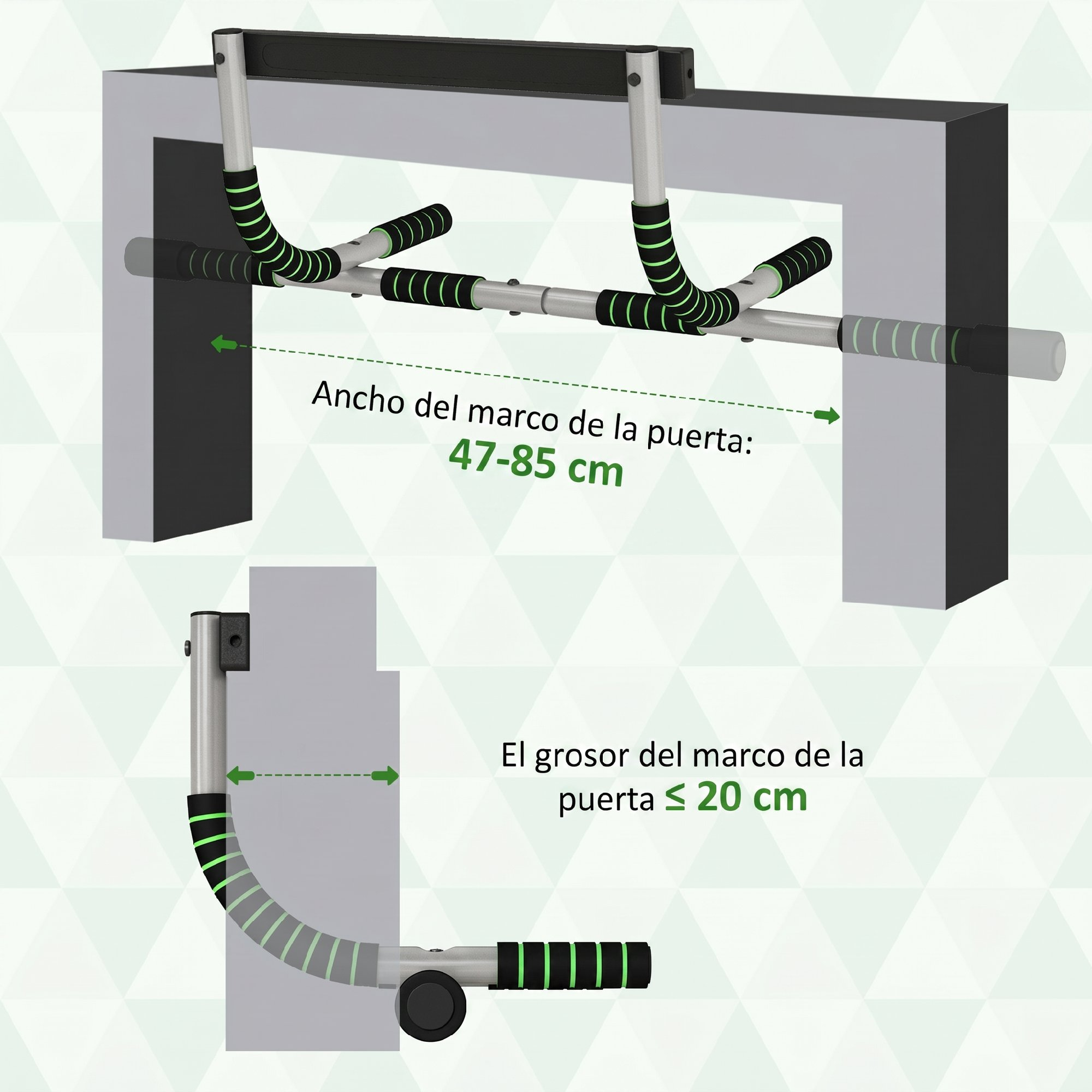 Barra de dominadas para marco de puerta con agarres, mostrando medidas de ancho y grosor.