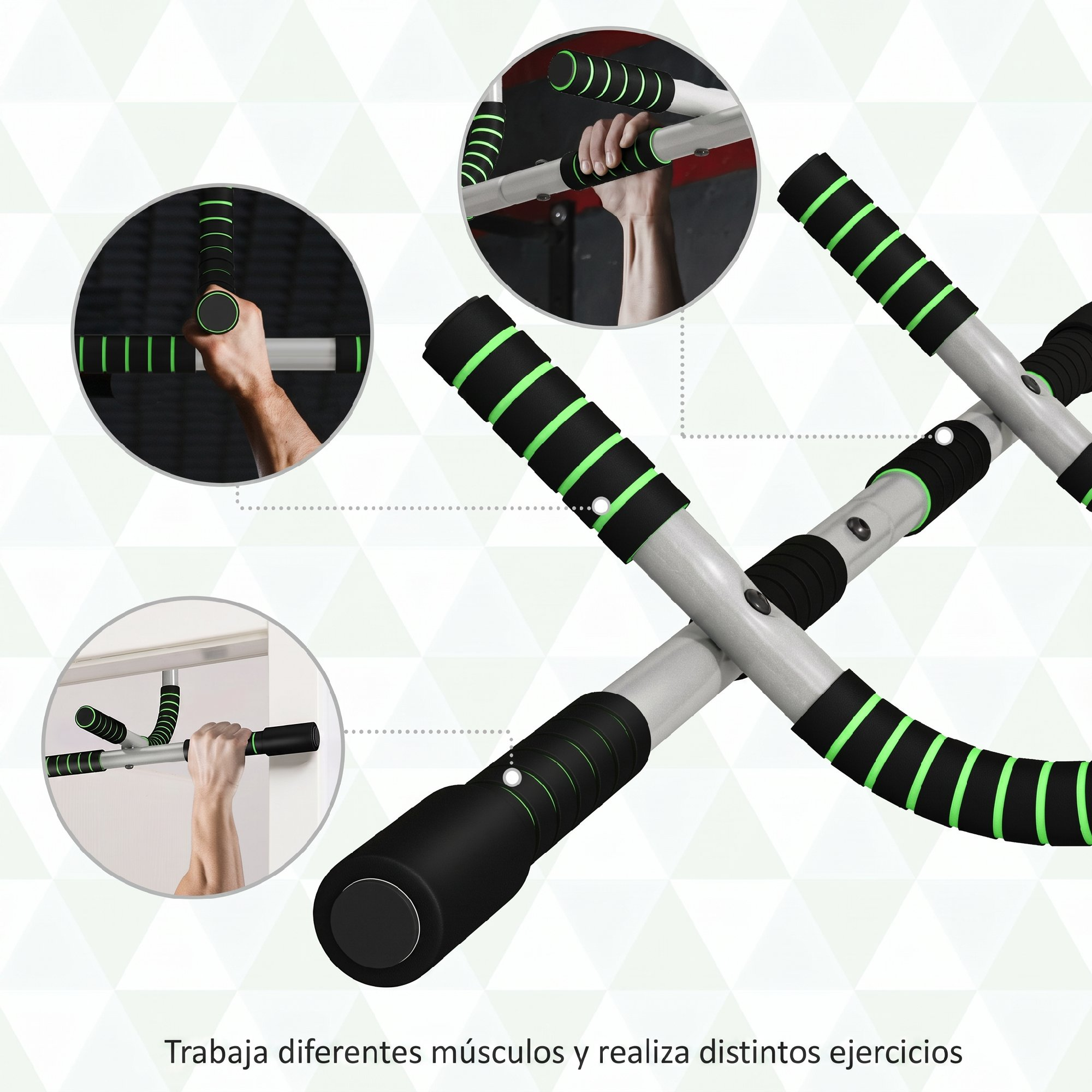 Equipo de fitness para dominadas con agarres negros y verdes.