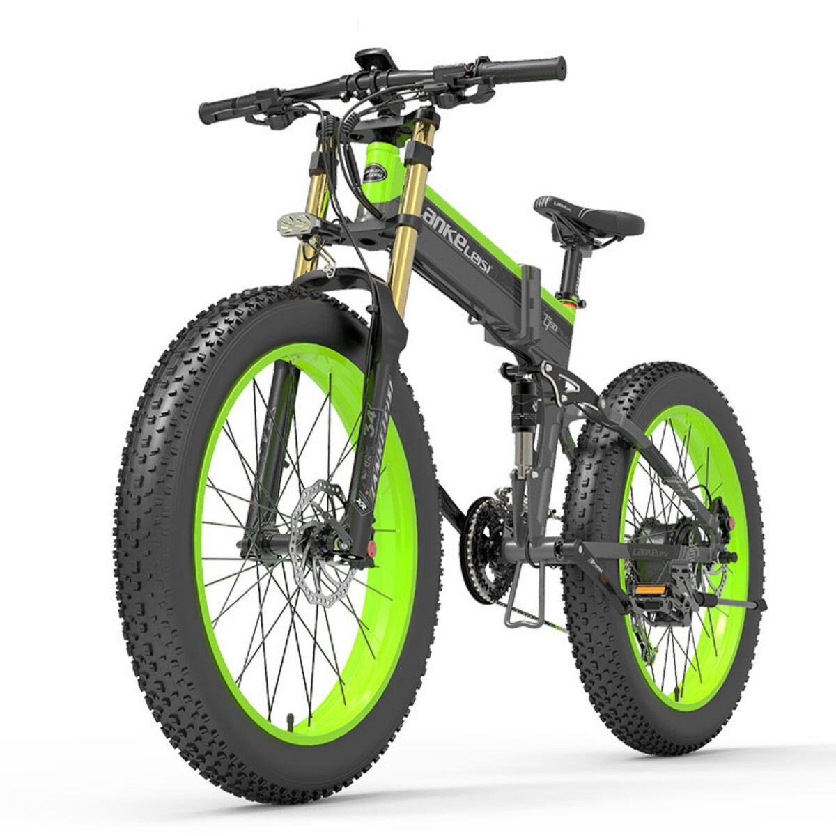 Czarny składany rower typu fat bike z neonowo zielonymi obręczami i złotym amortyzatorem.