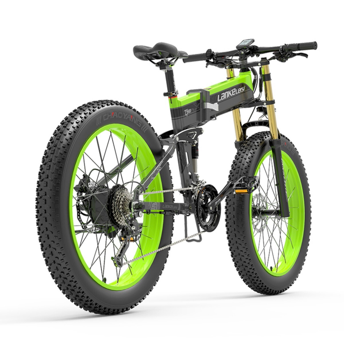 Zielony i czarny rower elektryczny typu fat bike z szerokimi oponami, na białym tle.