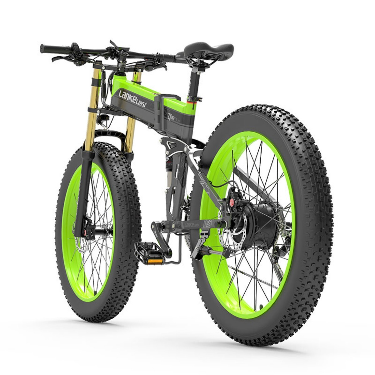 Złożony zielono-czarny rower elektryczny typu fat bike ze złotymi przednimi widelcami, na białym tle.