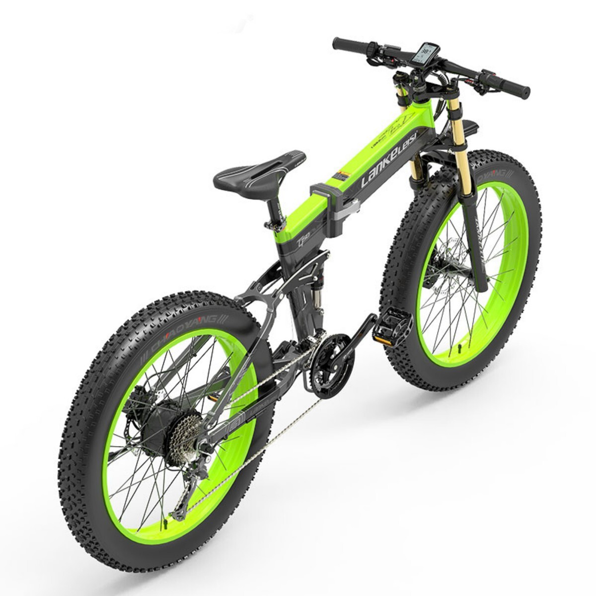 Składany rower elektryczny fatbike z zielonymi obręczami, czarną ramą i szerokimi oponami.