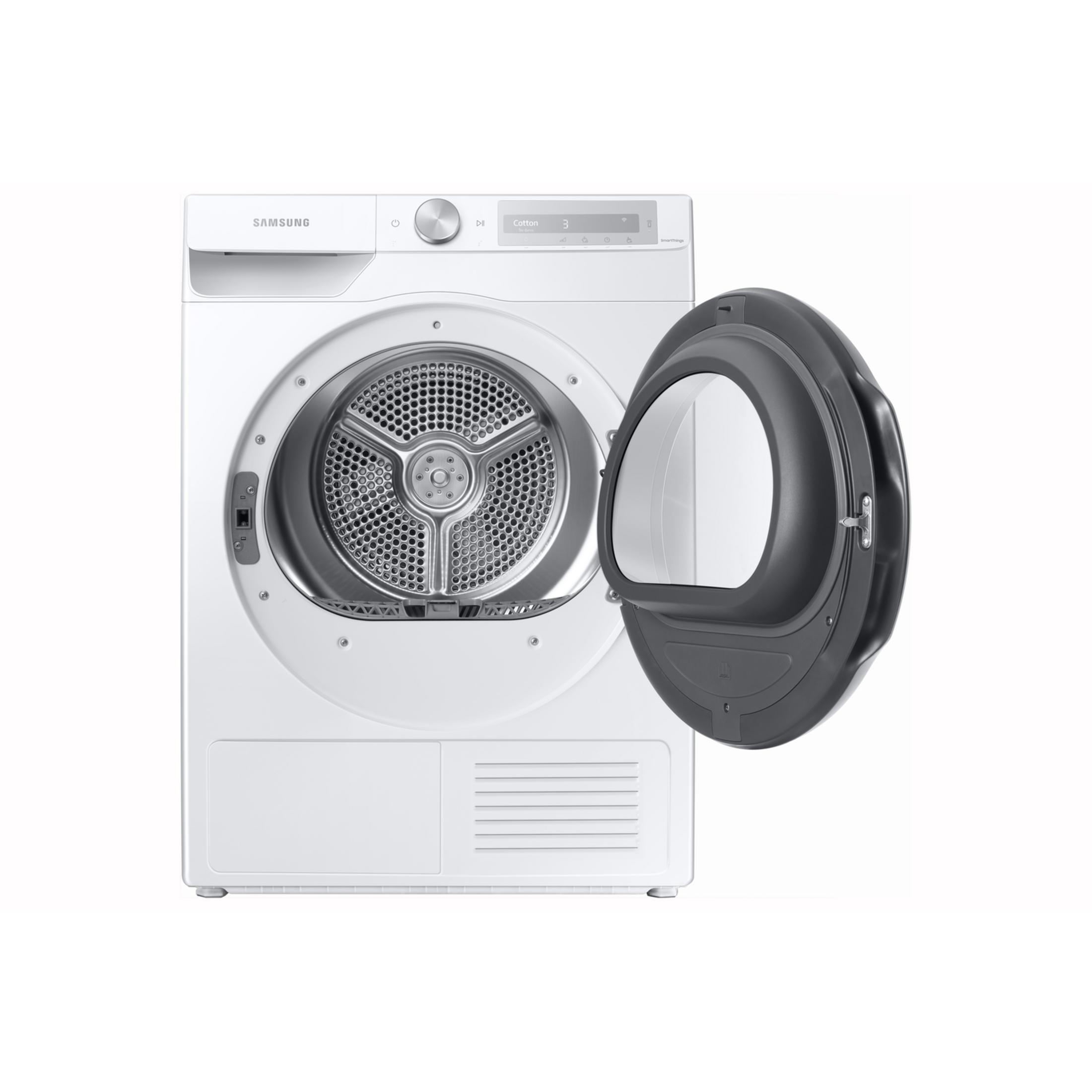 A white Samsung dryer with its gray door open. The drum is visible.