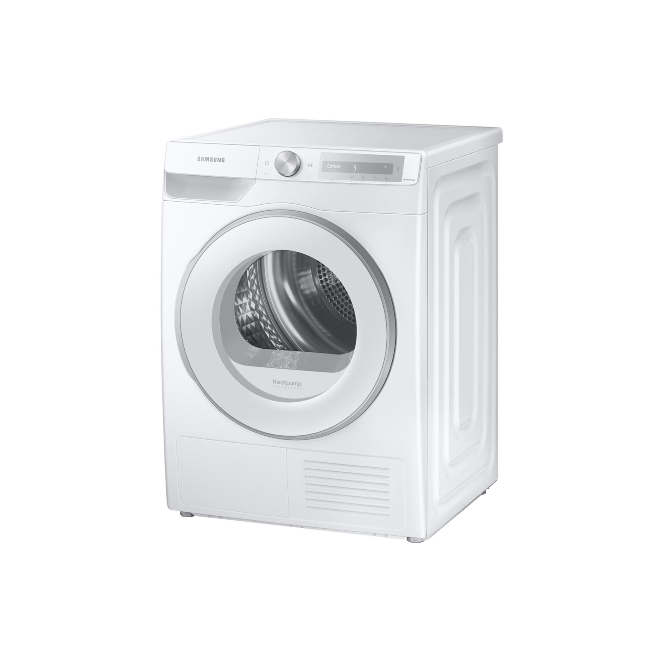 White Samsung heatpump tumble dryer with a clear door, digital display, and control dial.