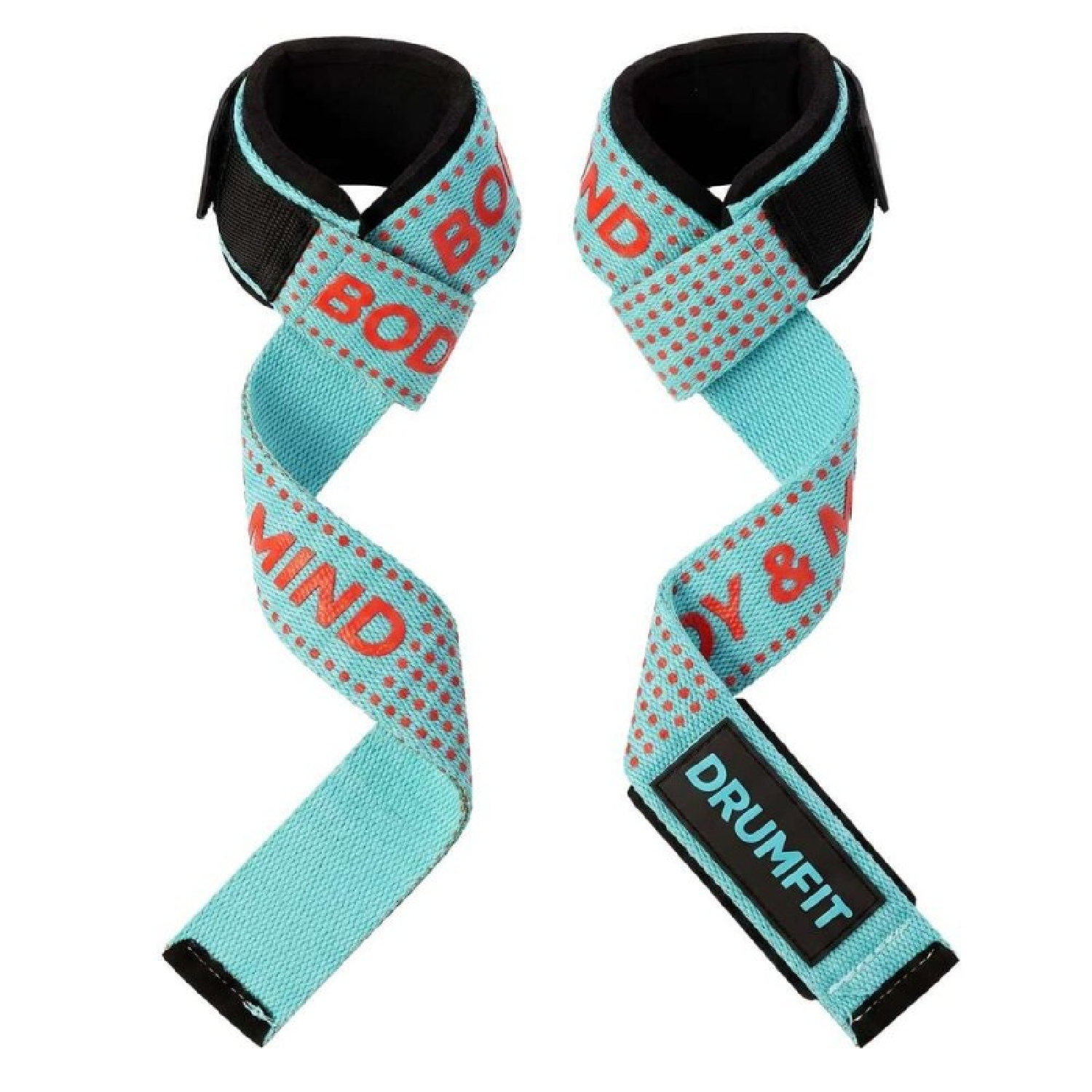 Dos correas de muñeca azul claro con puntos rojos y texto, para fitness.