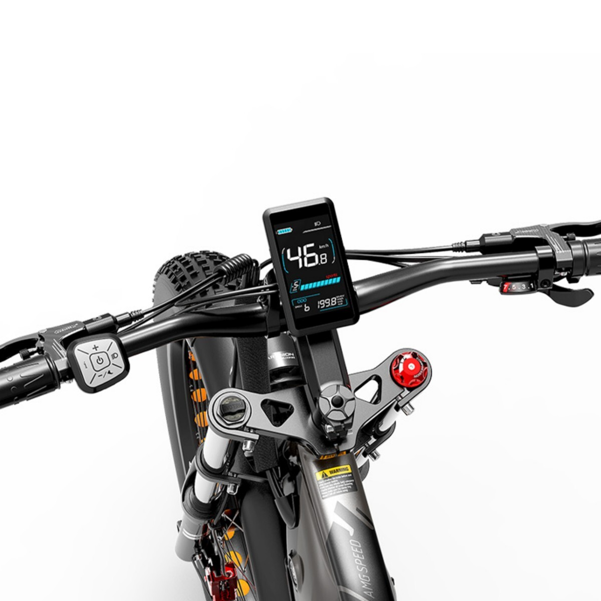 Zdjęcie przedstawia kierownicę roweru elektrycznego z cyfrowym wyświetlaczem pokazującym 46,8 km/h.