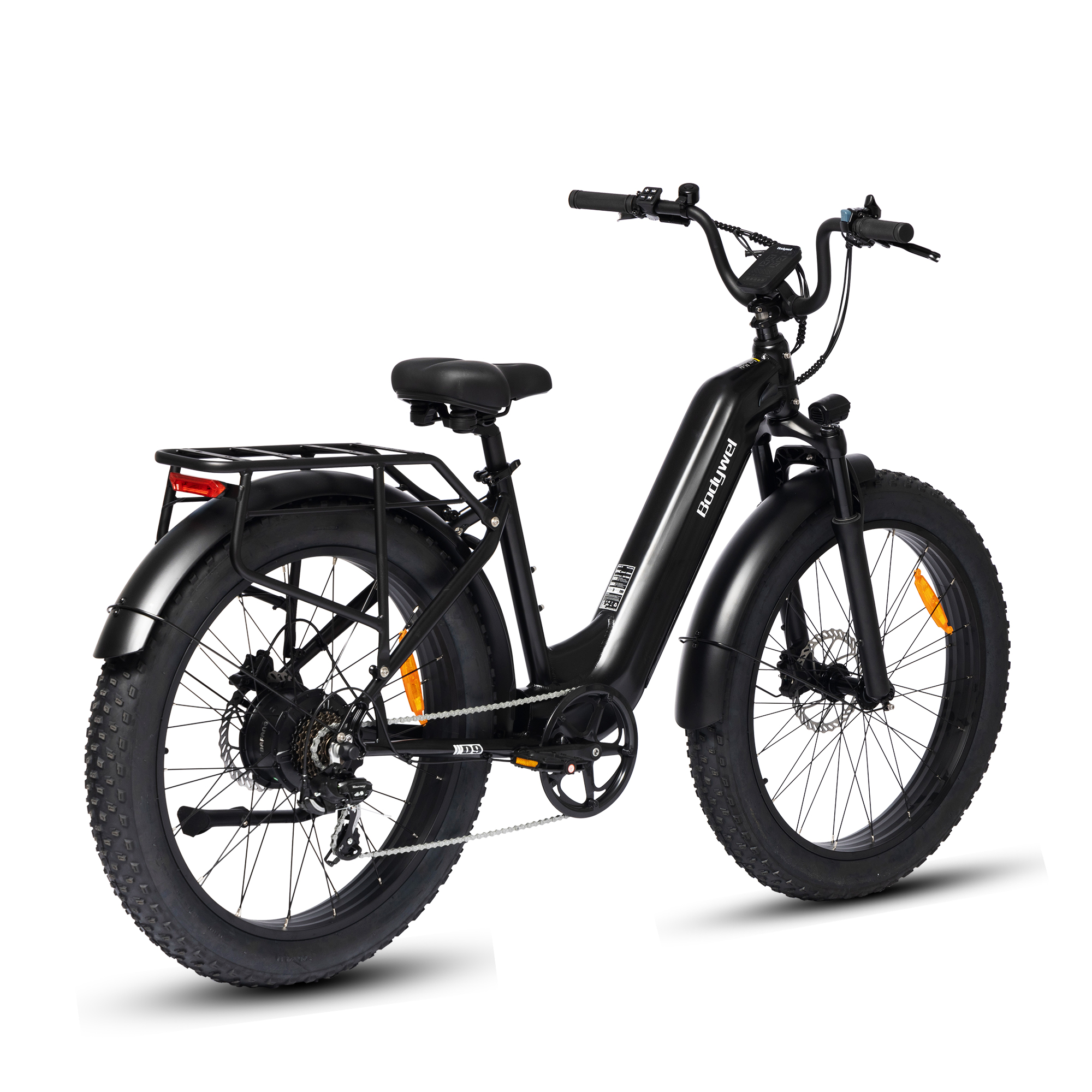 Czarny rower elektryczny fat-tire z bagażnikiem i wyświetlaczem.