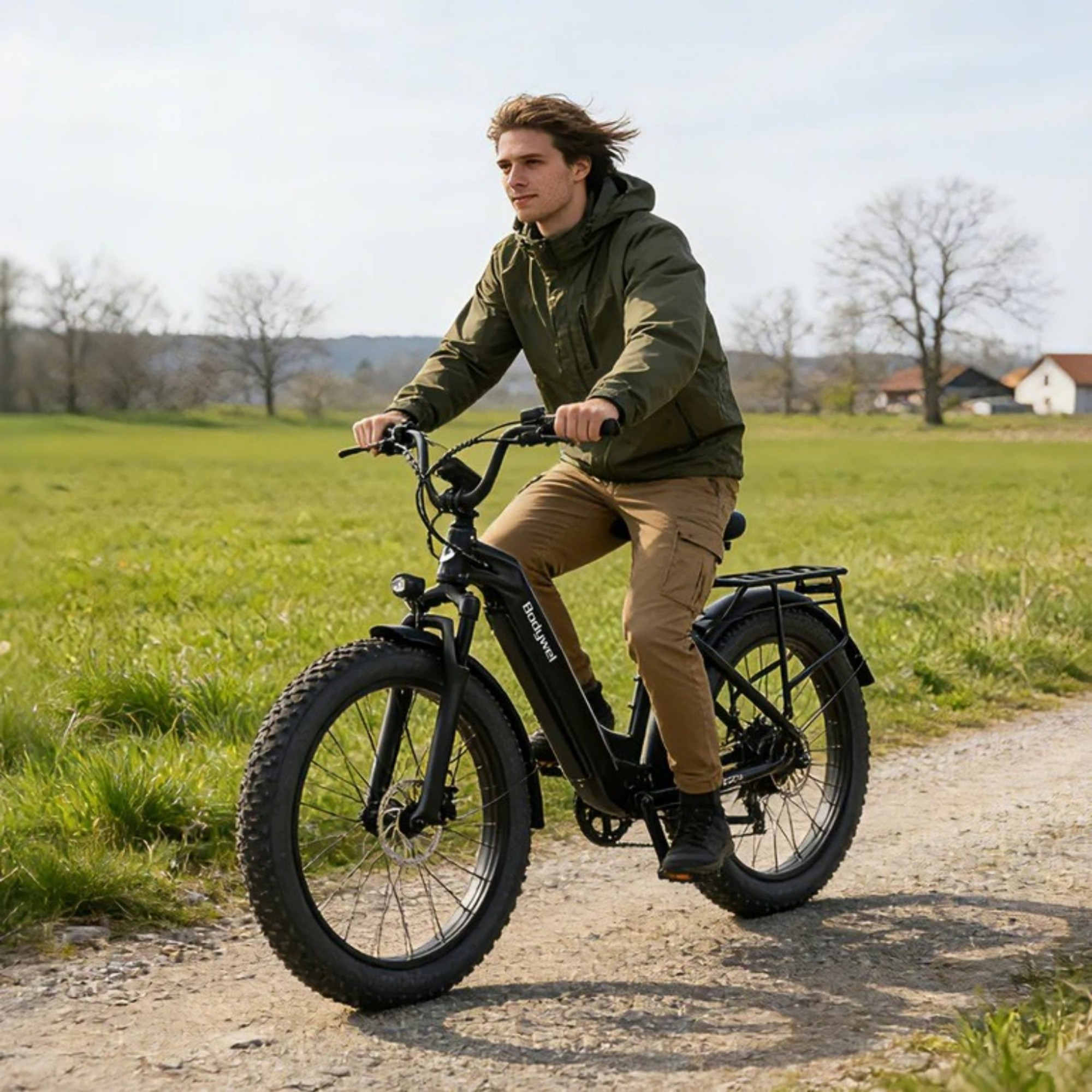 Mężczyzna jedzie na czarnym rowerze typu fatbike po polnej drodze, w tle zielone pola.