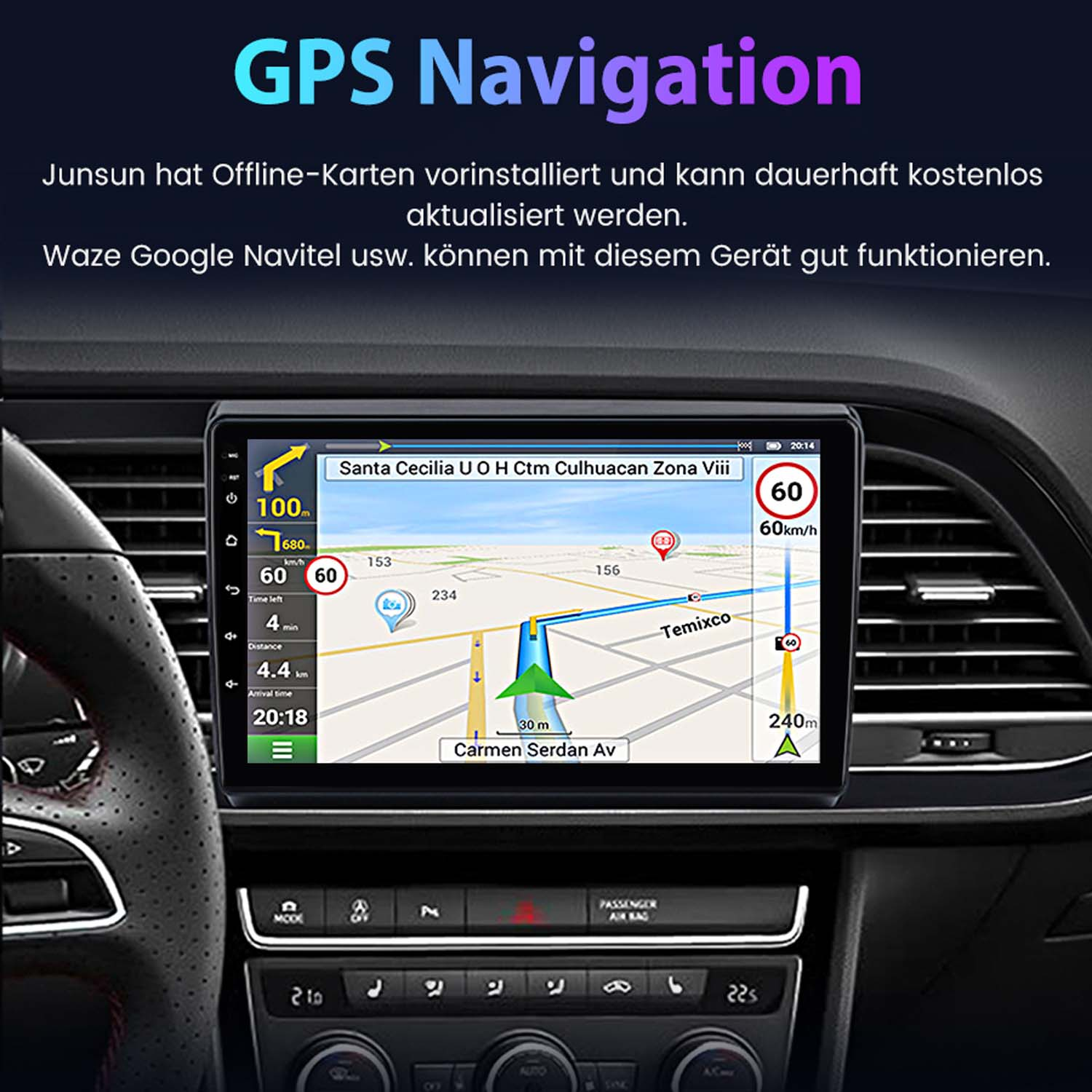 Armaturenbrett mit GPS-Navigationsbildschirm, der eine Route anzeigt.