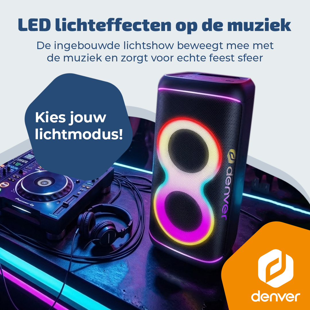 Zwarte speaker met gloeiende roze en gele 8-vorm, naast een DJ-draaitafel.
