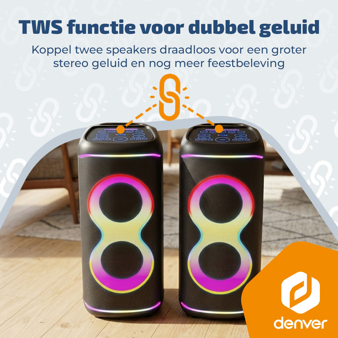 Twee zwarte luidsprekers met verlicht "8"-patroon en TWS-symbool.
