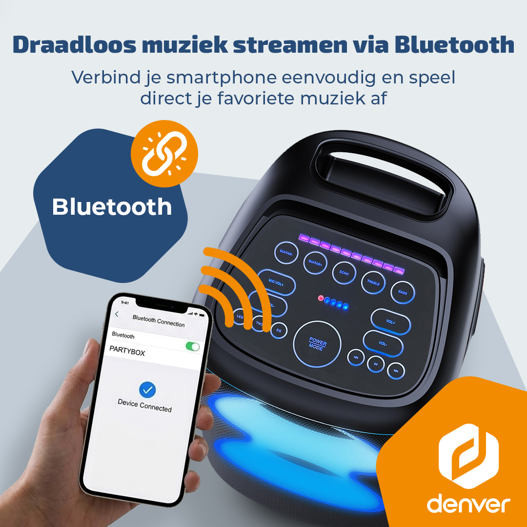 Een smartphone verbindt via Bluetooth met een speaker met blauwe verlichting.