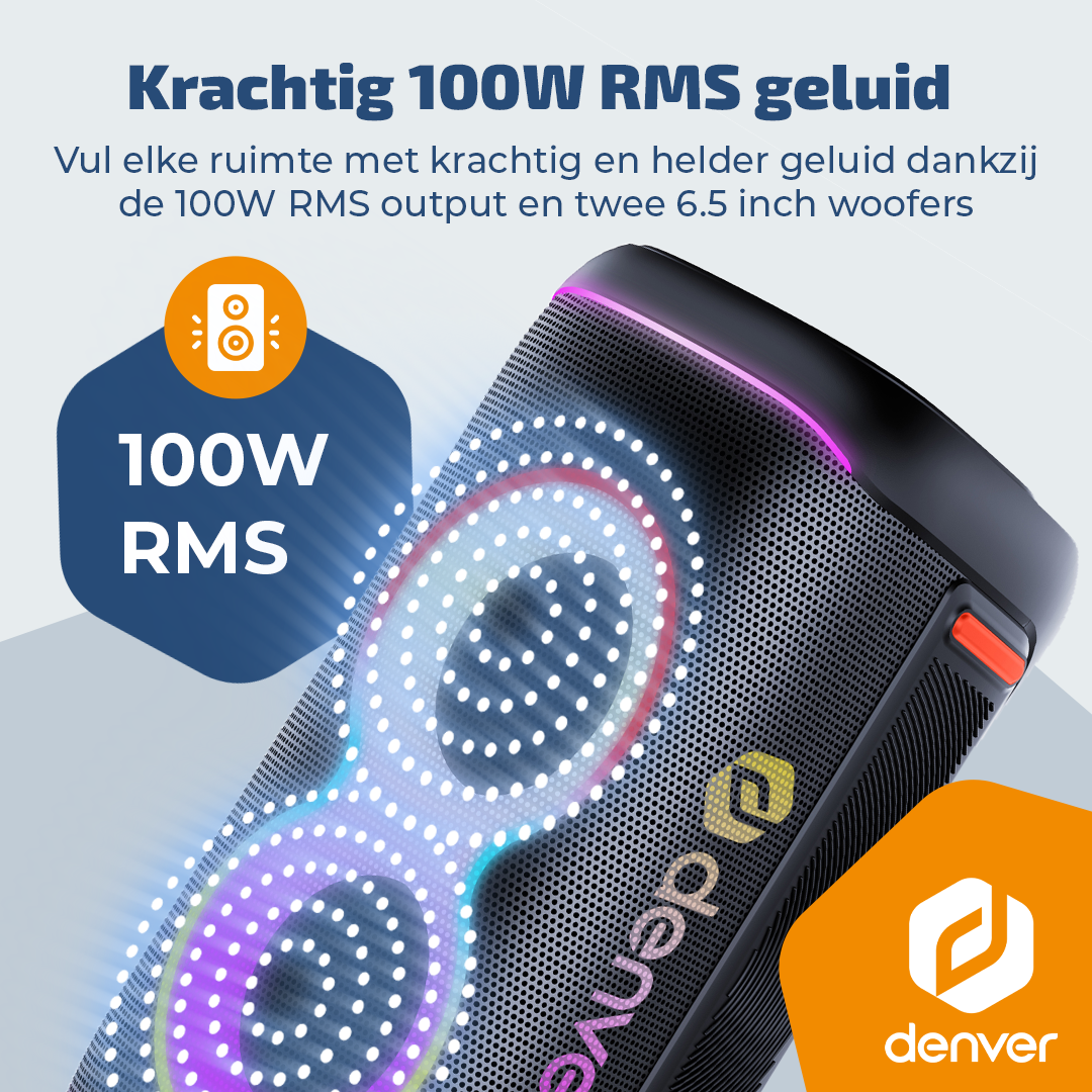 Zwarte luidspreker met lichtjes, 100W RMS. “Krachtig 100W RMS geluid“.