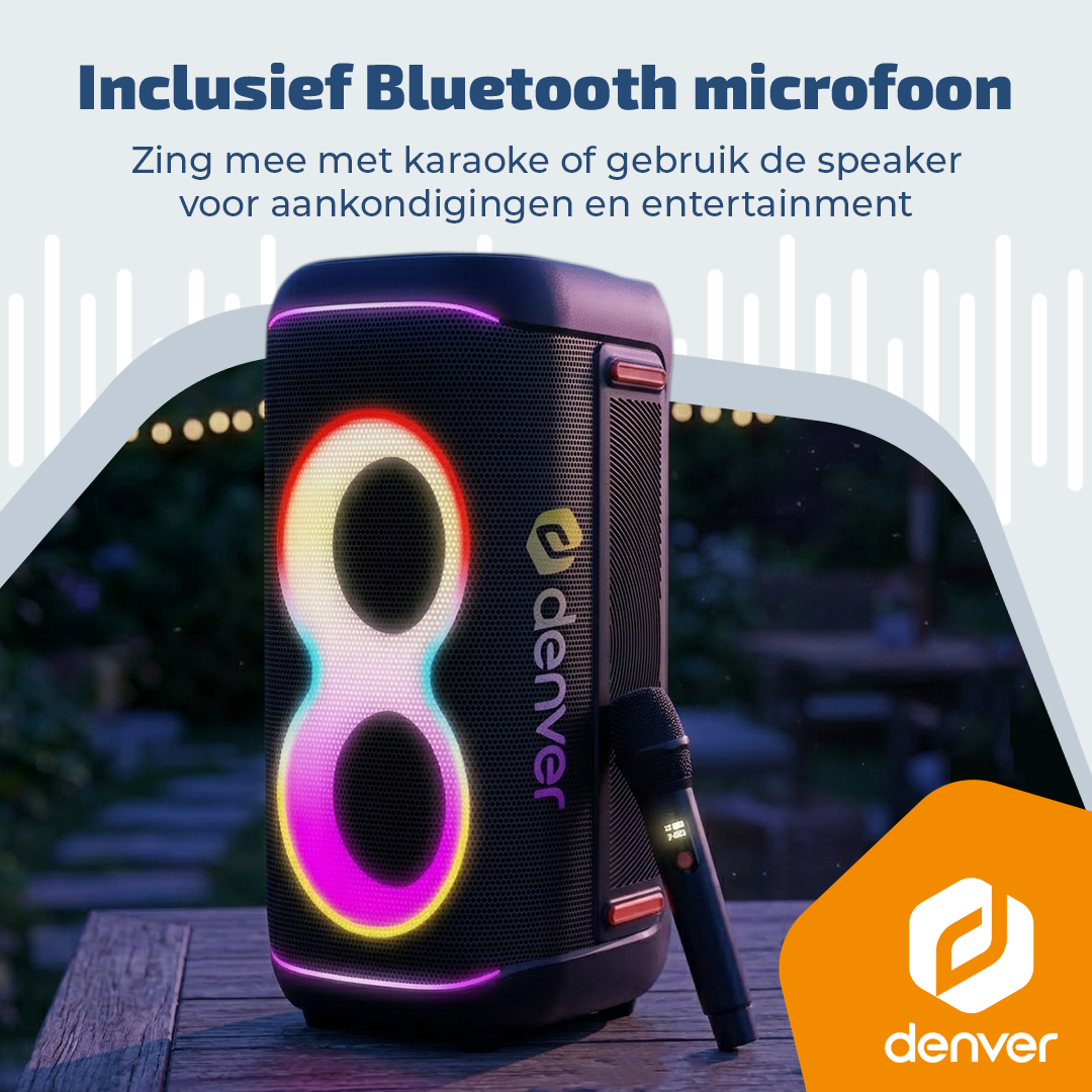 Zwarte Denver speaker met verlicht cijfer 8 en microfoon.