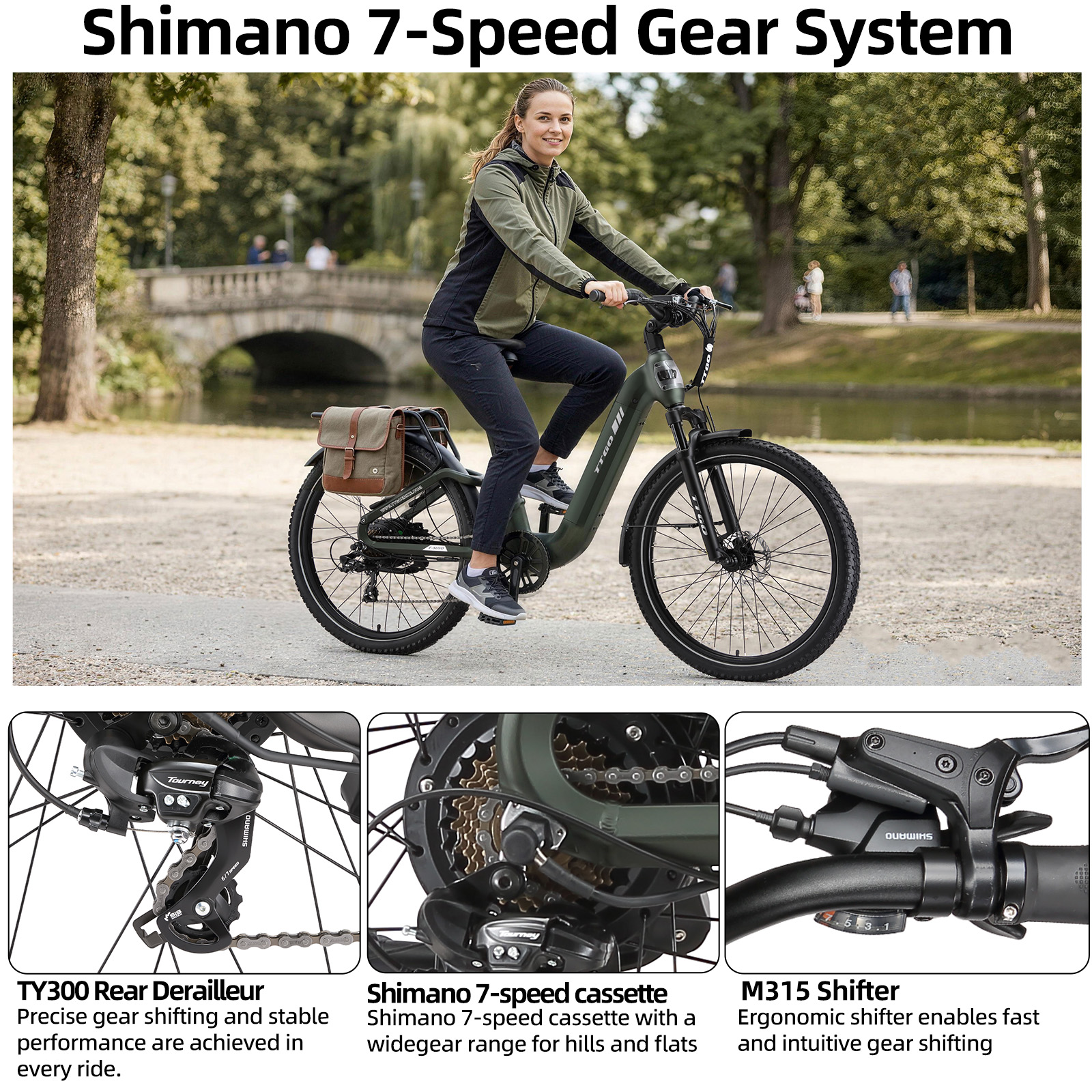 Kobieta jedzie na zielonym rowerze elektrycznym z 7-biegowym napędem Shimano w parku.