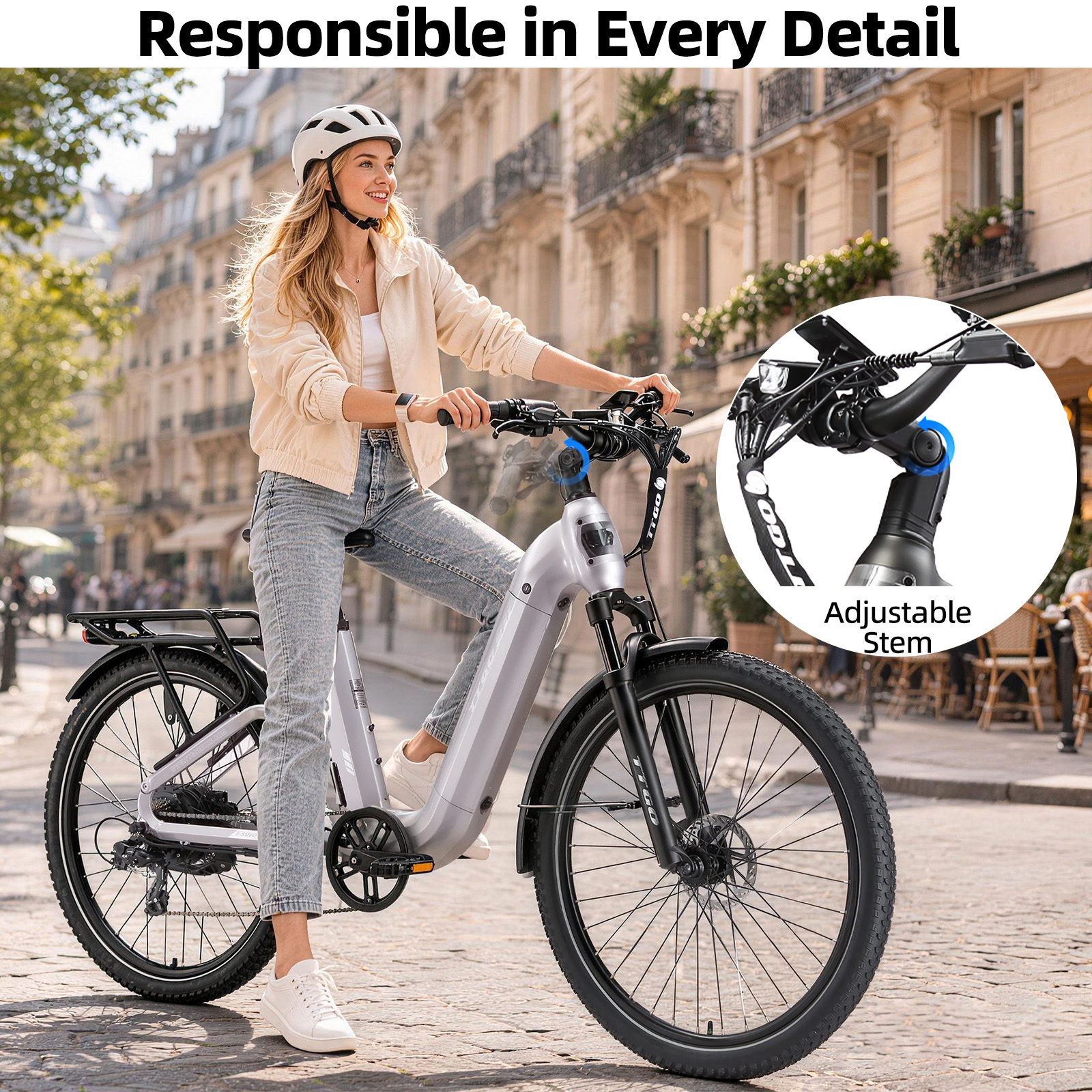 Kobieta w kasku jedzie srebrnym e-bike po brukowanej ulicy w mieście.