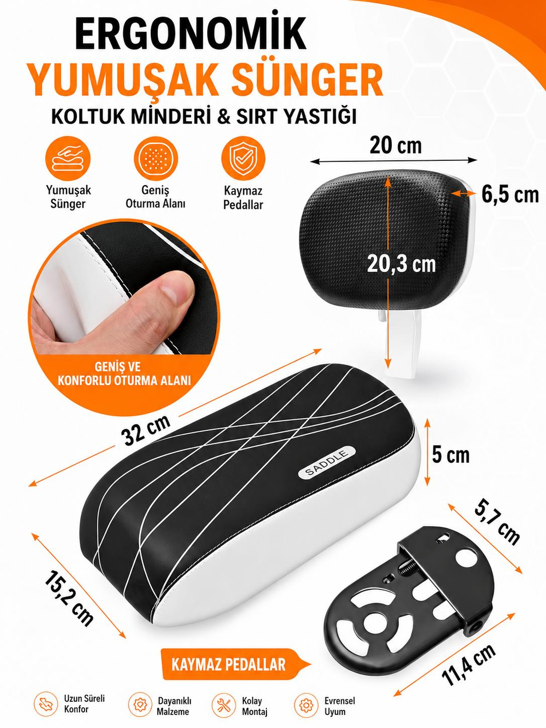 Ergonomik bisiklet sele minderi ve sırtlık ölçüler ve aksesuarlar ile.
