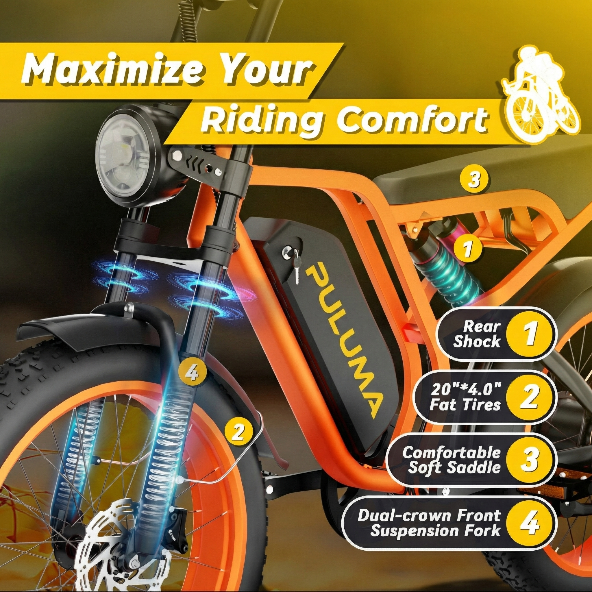 Pomarańczowy rower elektryczny z napisem "Maximize Your Riding Comfort", amortyzatorami i grubymi oponami.