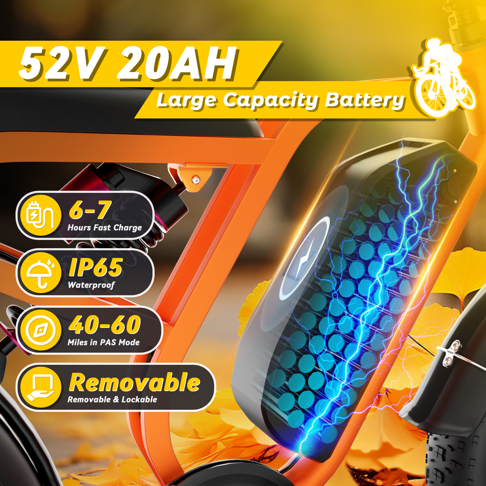 Bateria E-bike 52V 20AH: szybkie ładowanie 6-7h, IP65, 40-60 mil, wyjmowana.