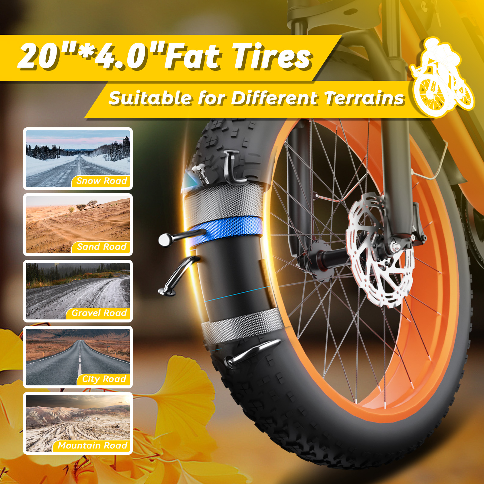 E-bike z oponami 20"x4.0" Fat Tire i zdjęciami dróg zaśnieżonych, piaszczystych, szutrowych, miejskich i górskich.