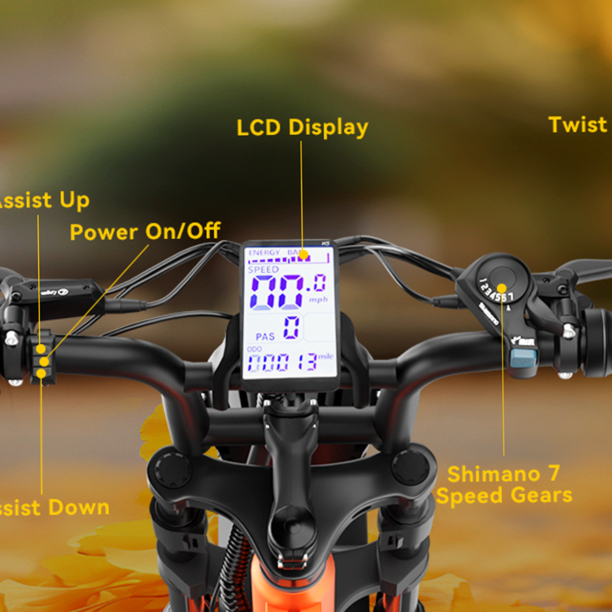 Kierownica roweru elektrycznego z wyświetlaczem LCD, kontrolkami i przerzutkami Shimano.