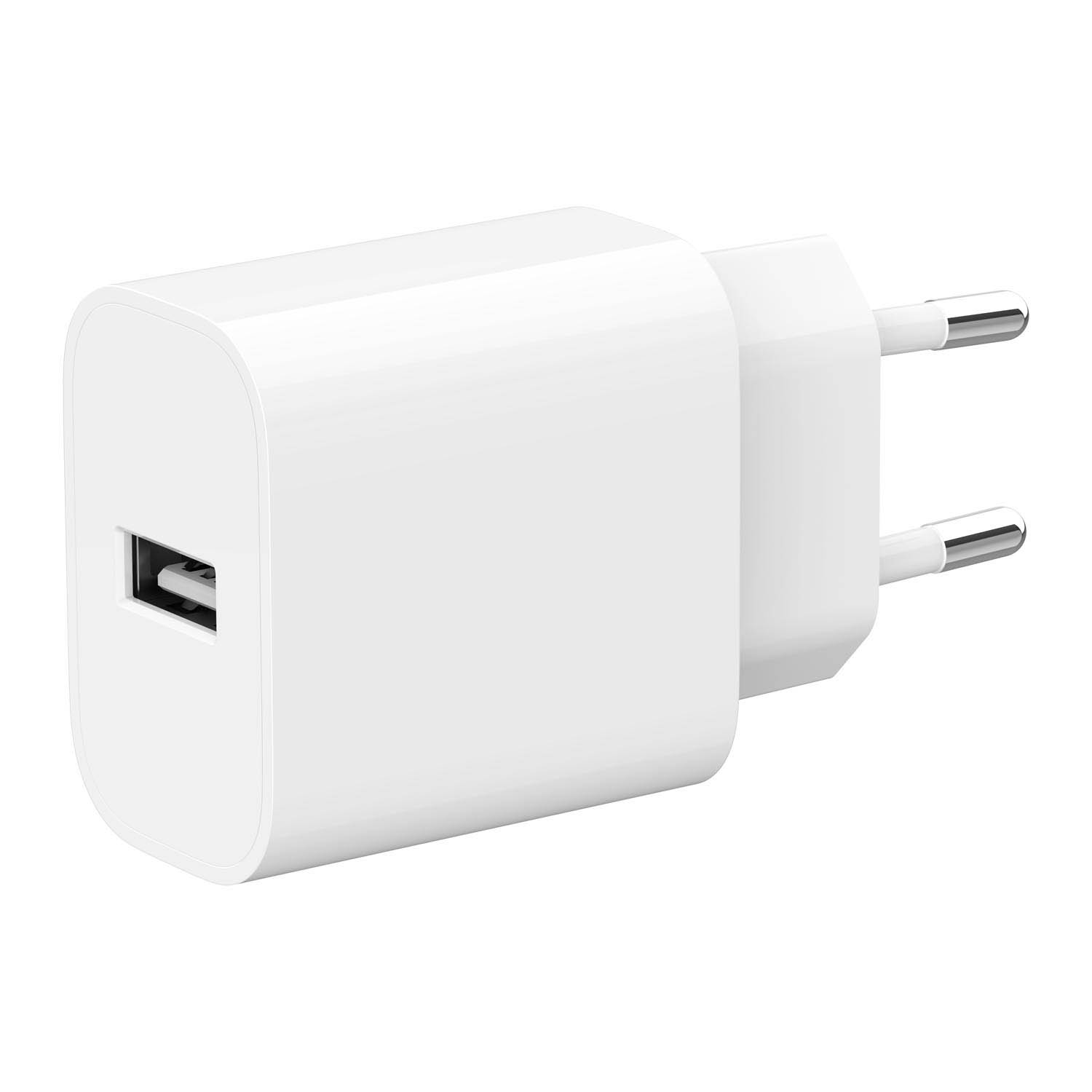 Un adaptateur secteur USB blanc avec deux broches métalliques.