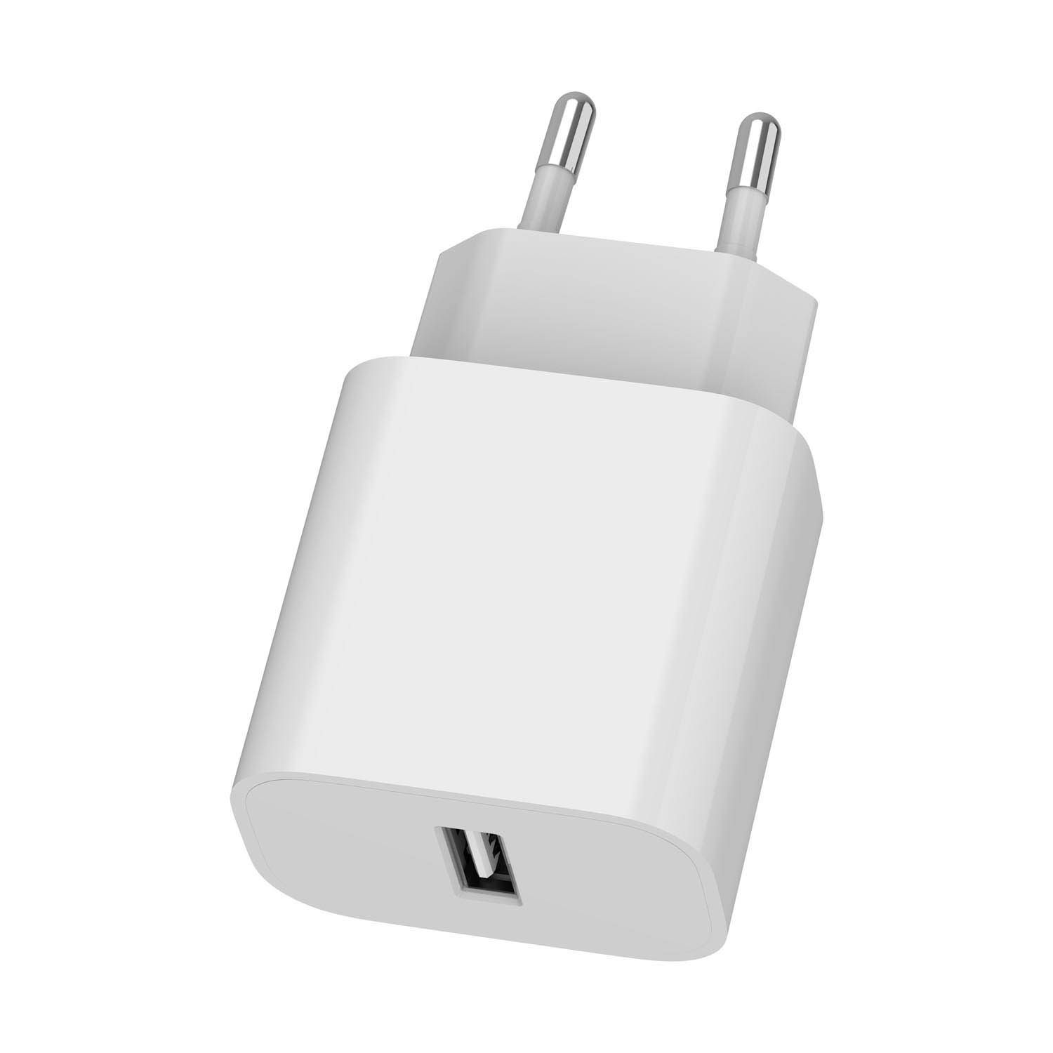 Adaptateur secteur blanc avec deux broches métalliques et un port USB.