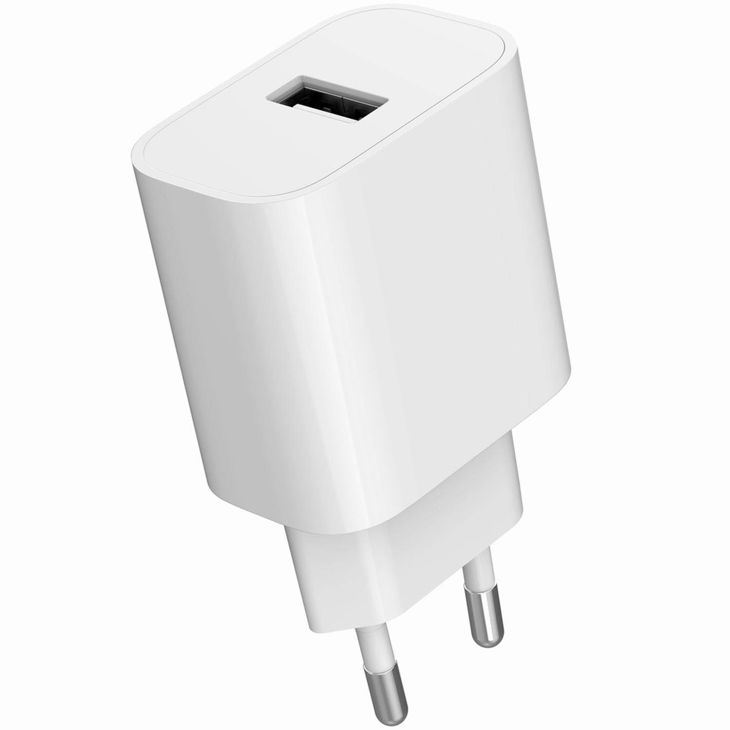 Un adaptateur de chargeur USB blanc avec deux broches et un port USB.
