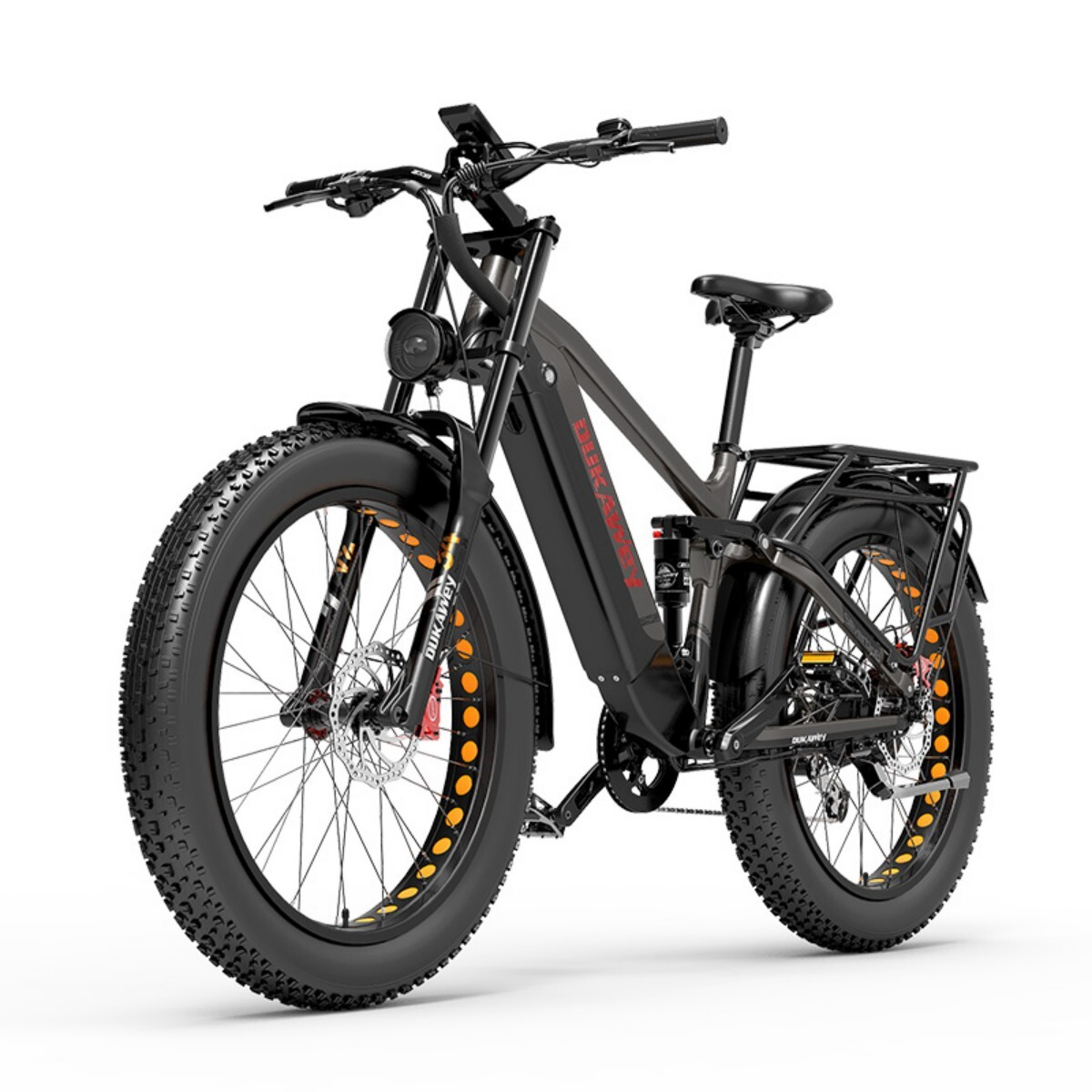 Czarny rower elektryczny fat bike z amortyzacją, bagażnikiem i wyświetlaczem.
