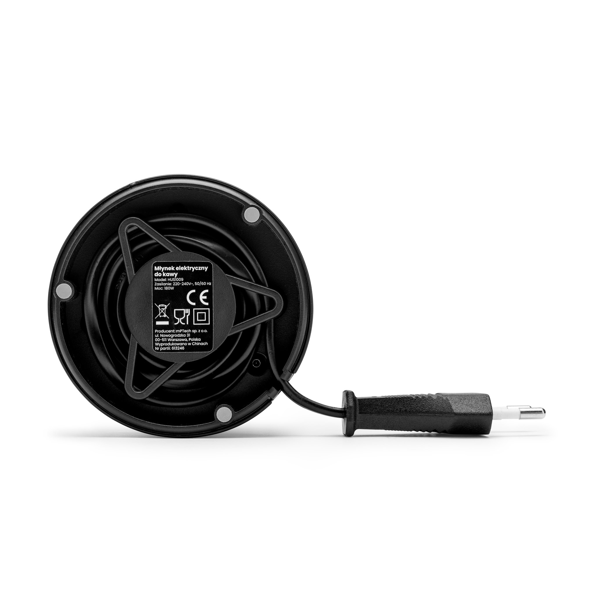 Spód czarnego elektrycznego młynka do kawy model HUS1009 z kablem.