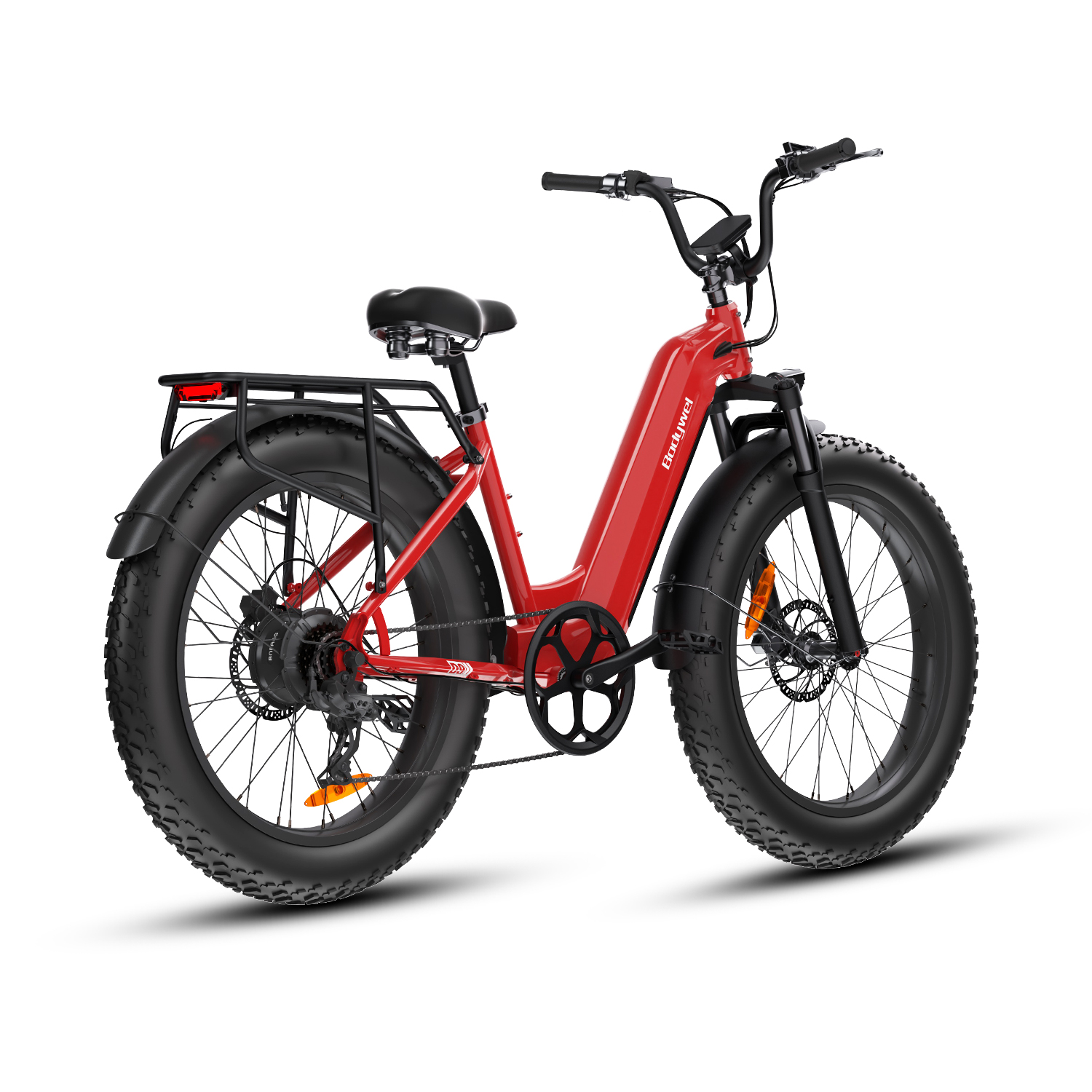 Czerwony rower elektryczny typu fat bike z czarnymi błotnikami, bagażnikiem i grubymi oponami.