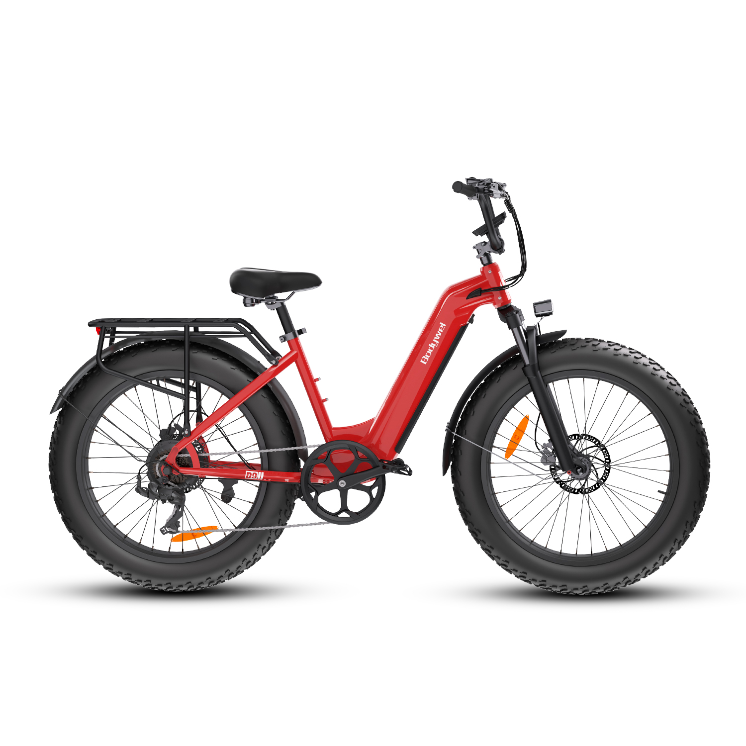 Czerwony rower elektryczny fatbike z czarnym bagażnikiem i siedzeniem.