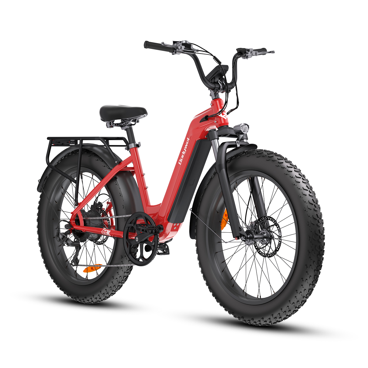Czerwony rower elektryczny typu fatbike z bagażnikiem i amortyzowanym widelcem na białym tle.