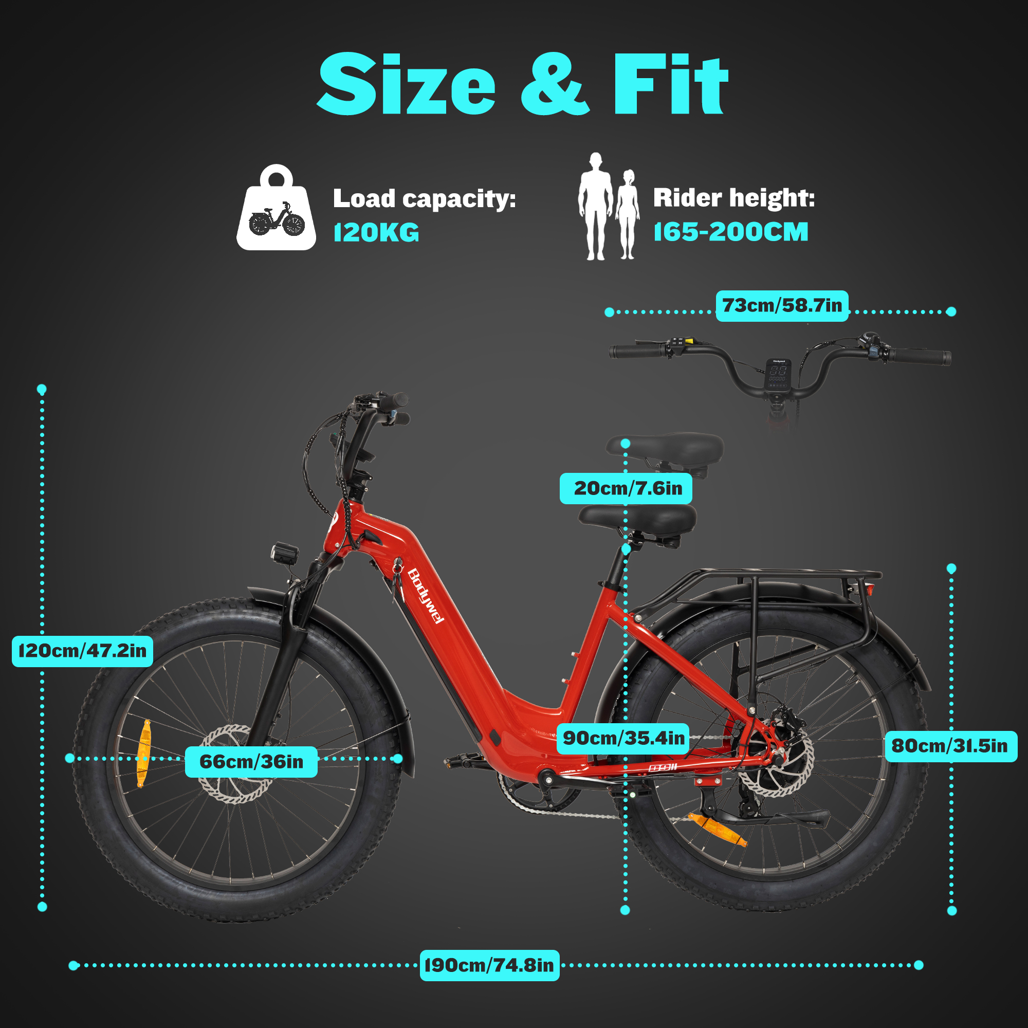 Czerwony e-bike z wymiarami: 120cm wysokość, 66cm koło, 90cm wysokość siodła, 80cm koło tylne, 190cm długość, 73cm kierownica.