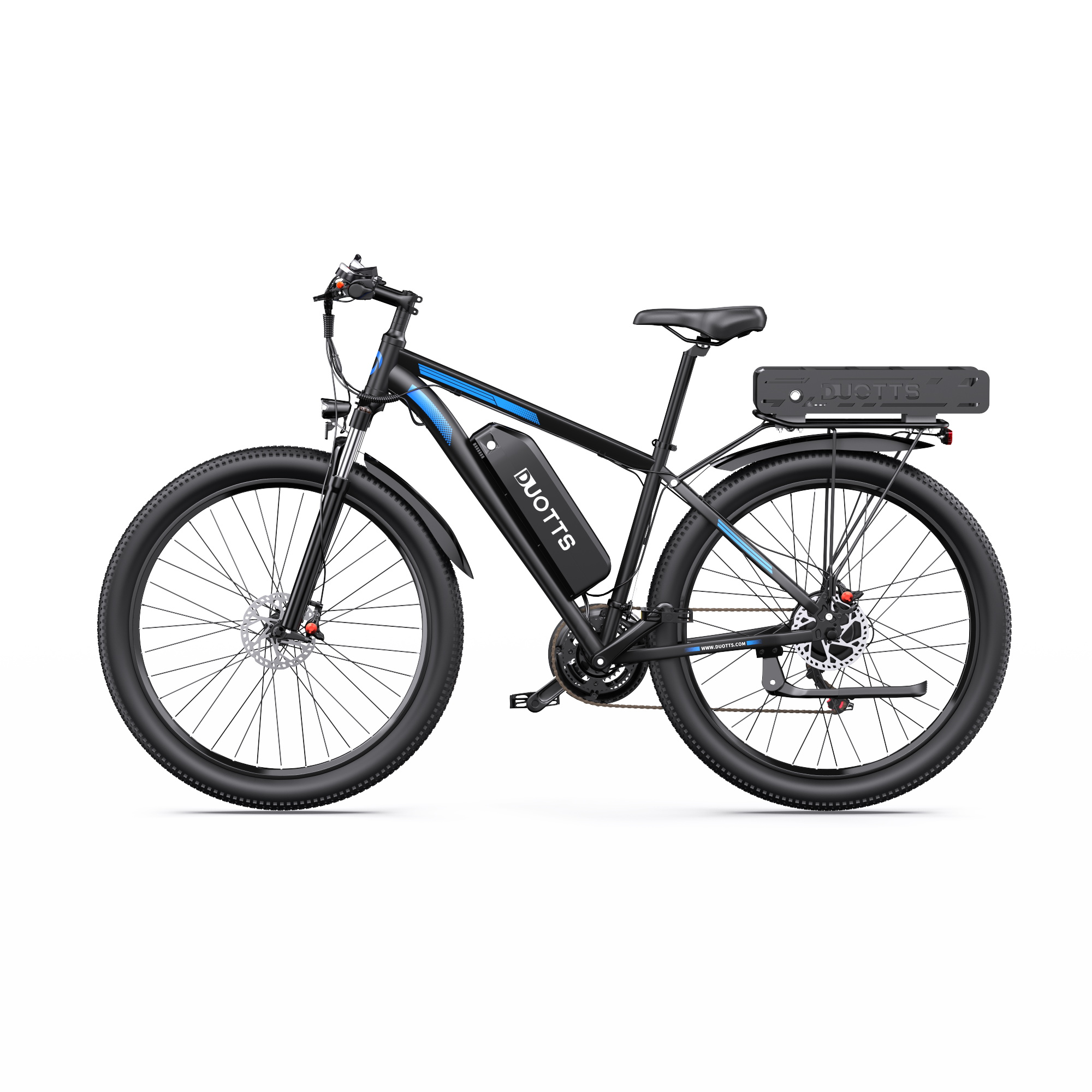 Schwarzes E-Bike mit blauen Akzenten, dicken Reifen und Gepäckträger.