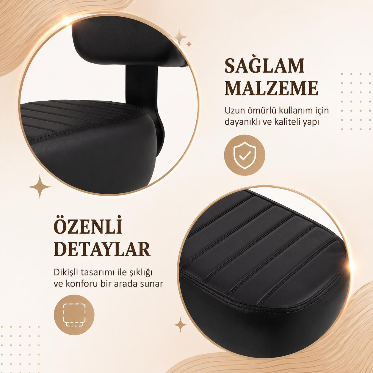 Dikişli siyah deri koltuk yakın çekim ve metin.