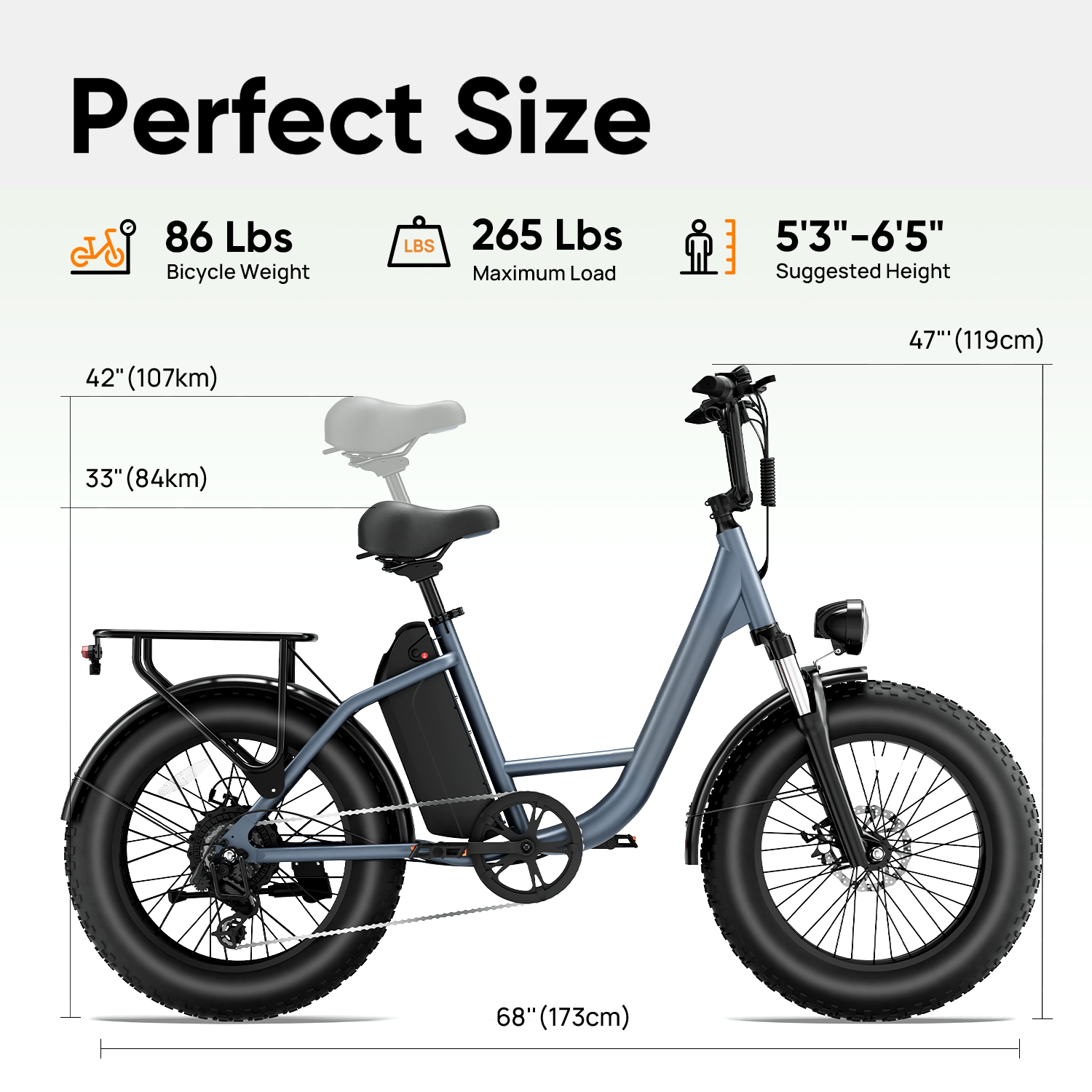 Bici elettrica grigia con pneumatici grassi, peso 86 Lbs, carico max 265 Lbs, altezza.