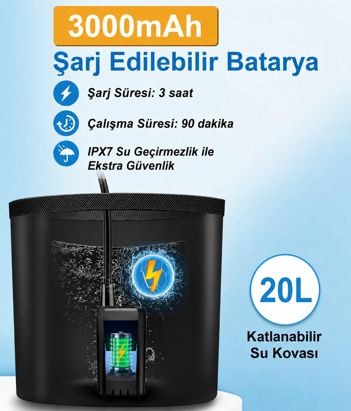 20L katlanabilir su kovası, 3000mAh pil, 3 saat şarj, 90 dakika çalışma, IPX7 su geçirmez.