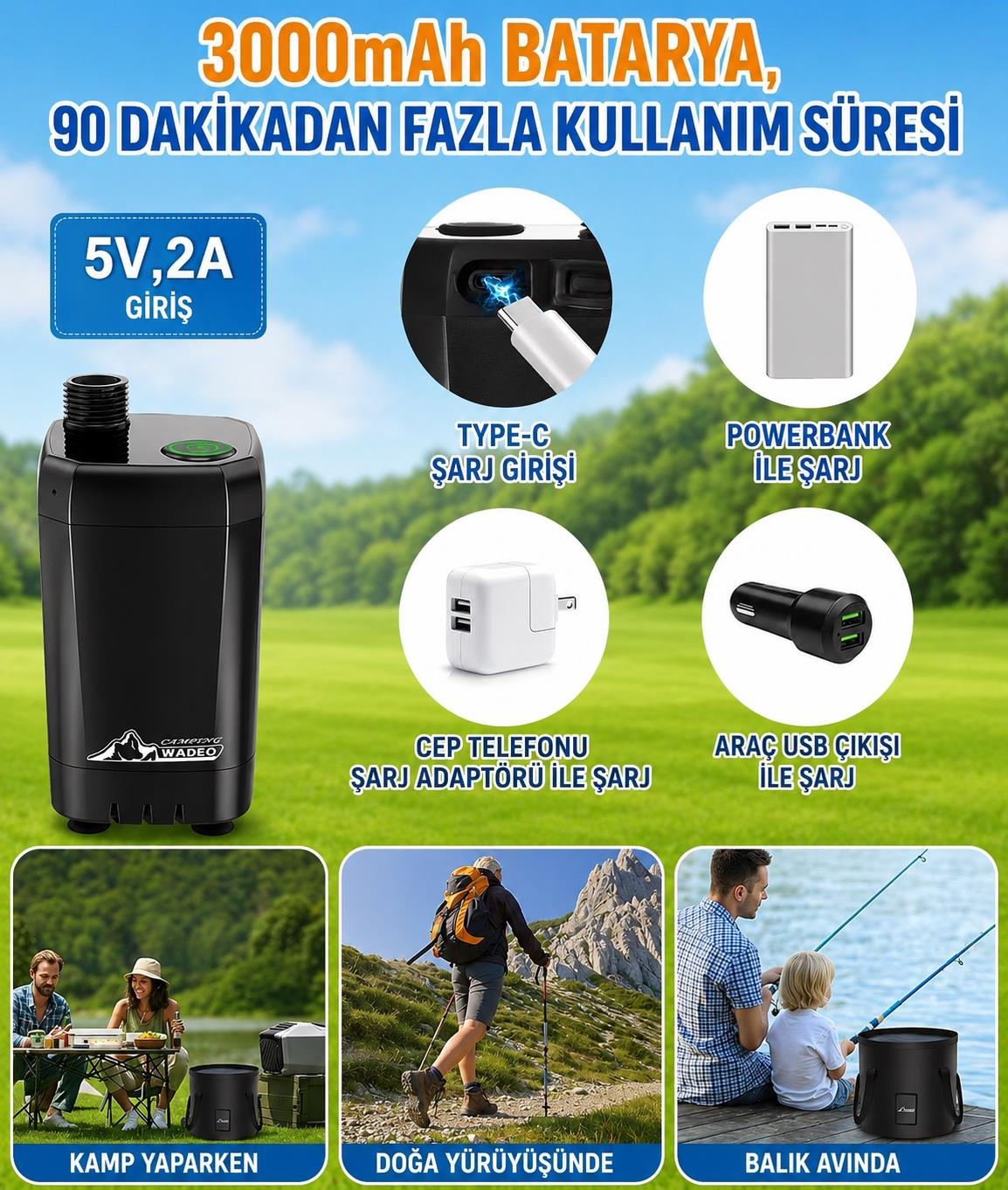 3000mAh powerbank şarj seçenekleri: Type-C, adaptör, araç. Kamp, doğa yürüyüşü, balık avı için.